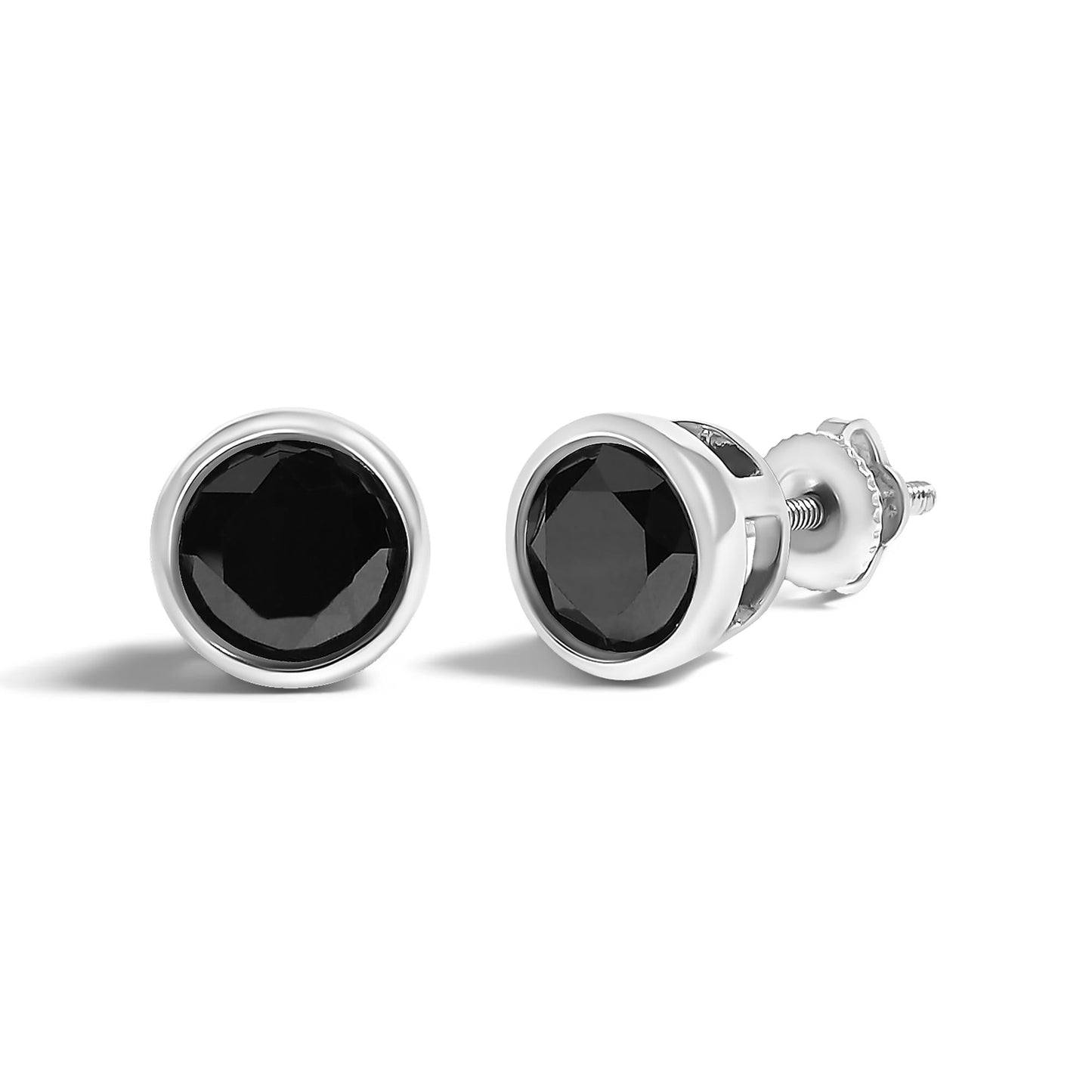 .925 Sterling Silver Round Brilliant-Cut Black Diamond Bezel-Set Stud Earrings with Screw Backs (Fancy Color-Enhanced, I2-I3 Clarity)