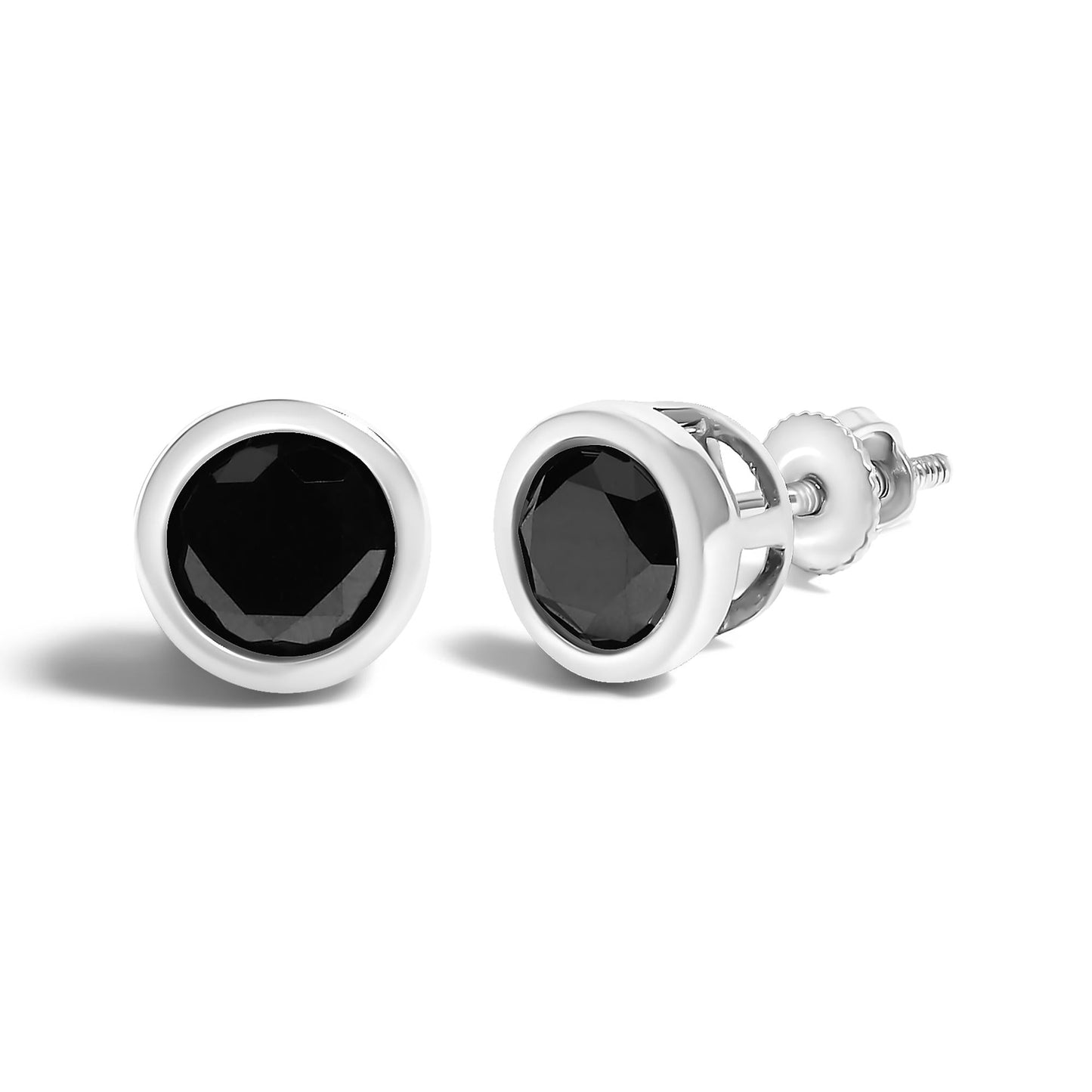 .925 Sterling Silver Round Brilliant-Cut Black Diamond Bezel-Set Stud Earrings with Screw Backs (Fancy Color-Enhanced, I2-I3 Clarity)