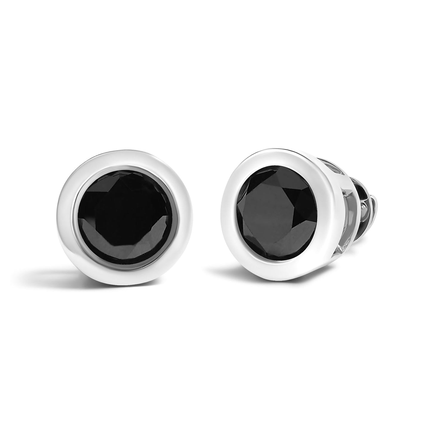 .925 Sterling Silver Round Brilliant-Cut Black Diamond Bezel-Set Stud Earrings with Screw Backs (Fancy Color-Enhanced, I2-I3 Clarity)