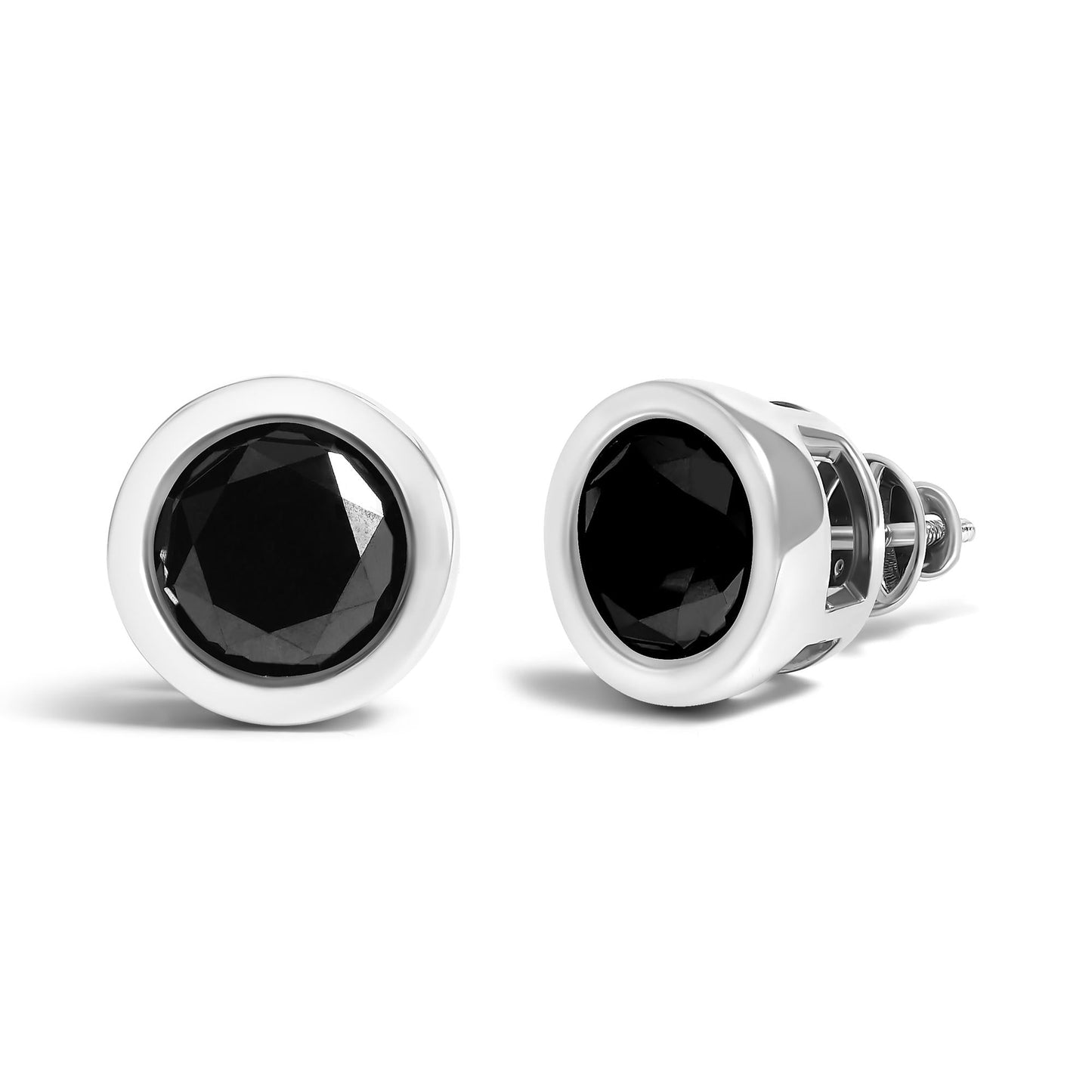 .925 Sterling Silver Round Brilliant-Cut Black Diamond Bezel-Set Stud Earrings with Screw Backs (Fancy Color-Enhanced, I2-I3 Clarity)