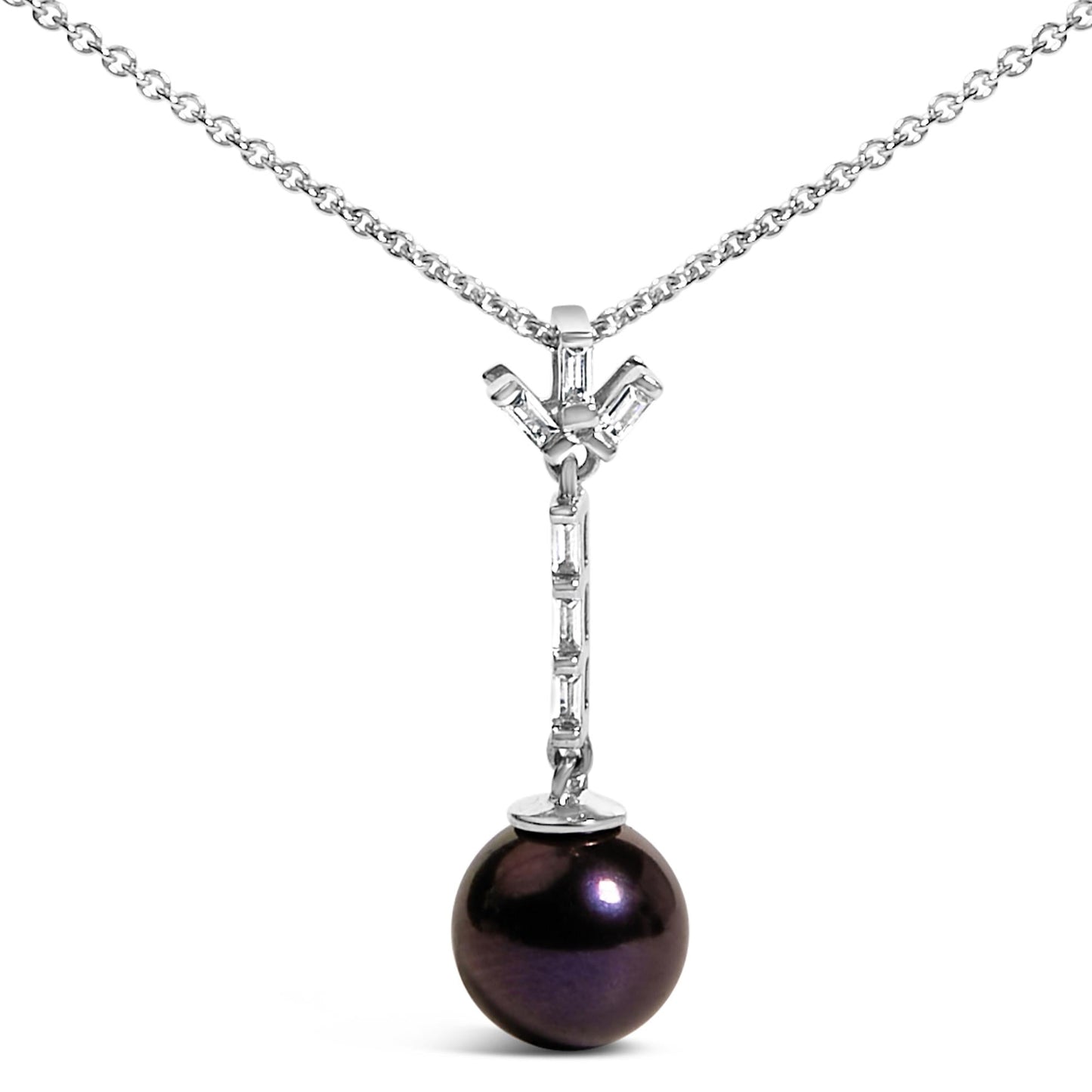 .925 Sterling Silver 8mm Black Pearl and Created White Sapphire Pendant Pendant Necklace