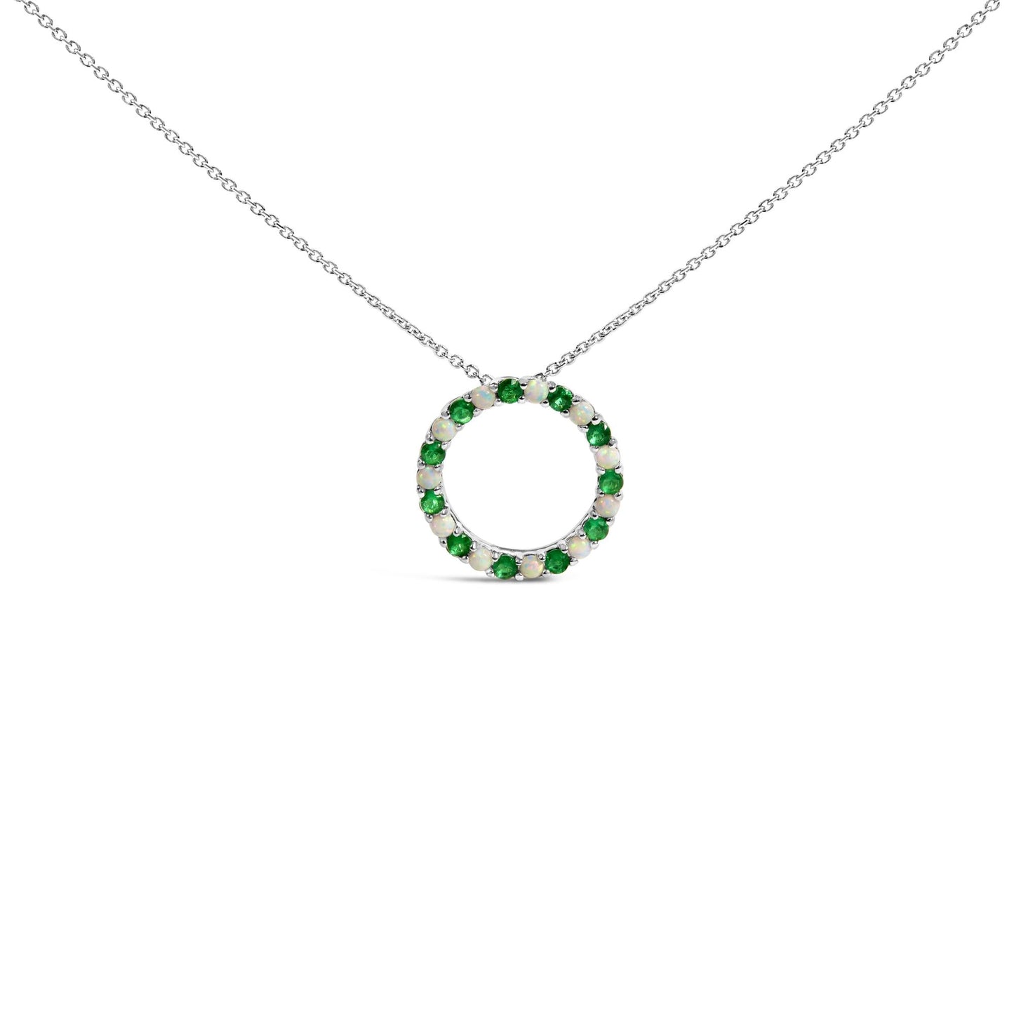 .925 Sterling Silver Alternating Created Green Emerald and Opal Circle Pendant Necklace