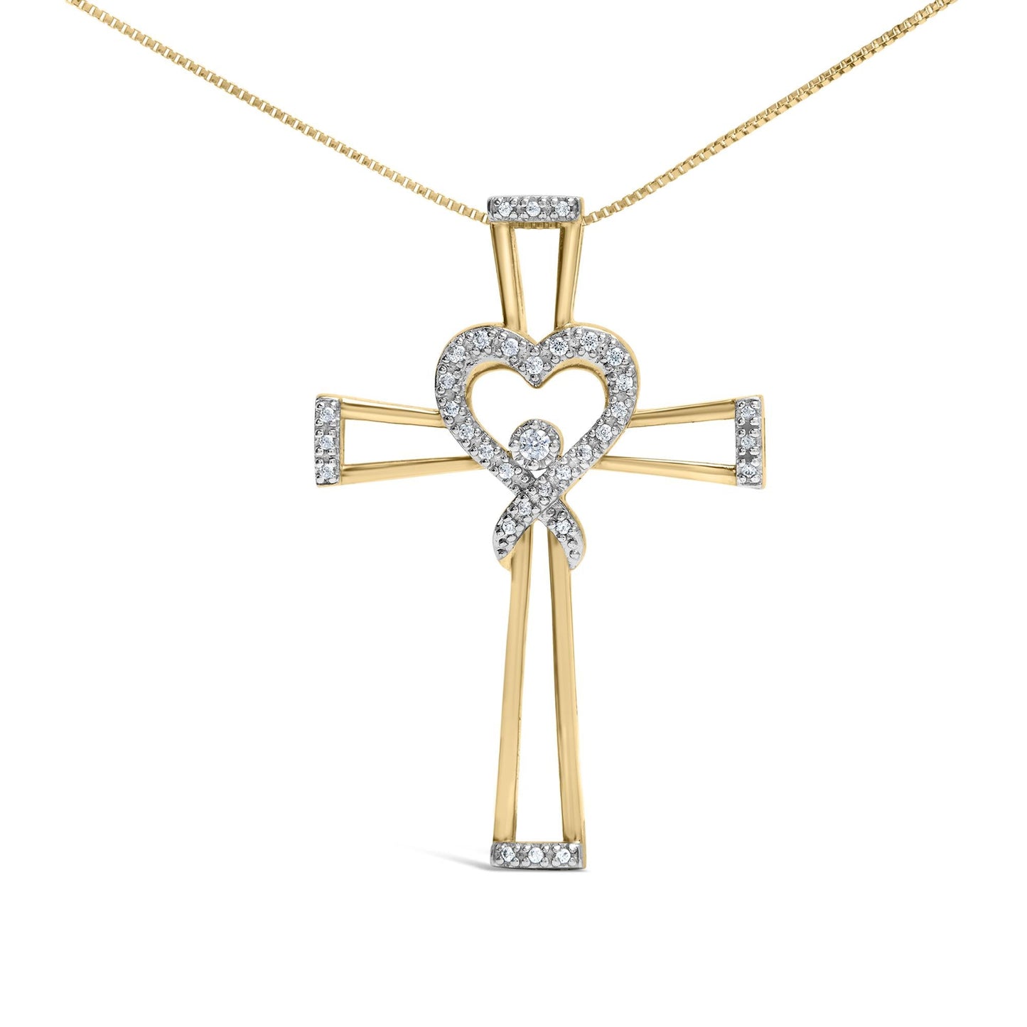 14K Yellow Gold Plated .925 Sterling Silver 1/6 Cttw Diamond Interlocking Heart and Ribbon Cross Pendant Necklace (H-I Color, I2-I3 Clarity) - 18" Inches