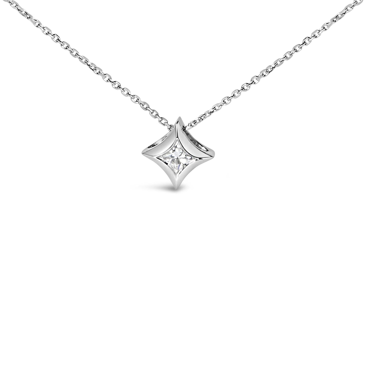 10K Gold 1/10 Cttw Bezel Set Solitaire Princess Cut Diamond Kite Shaped Pendent Necklace - 18" Inches