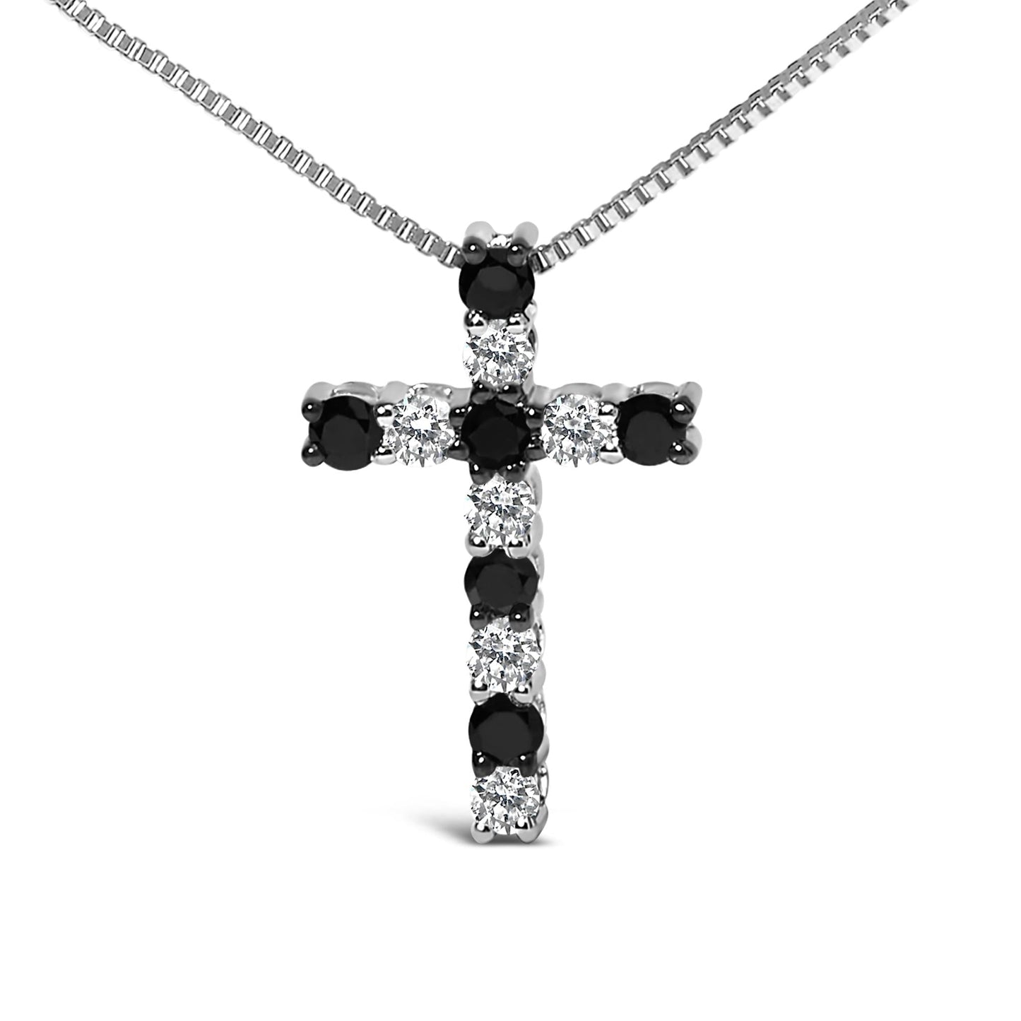 .925 Sterling Silver 1/2 Cttw Alternating Black and White Diamond Cross Pendant Necklace  (Treated Black and H-I Color, I3 Clarity) - 18"