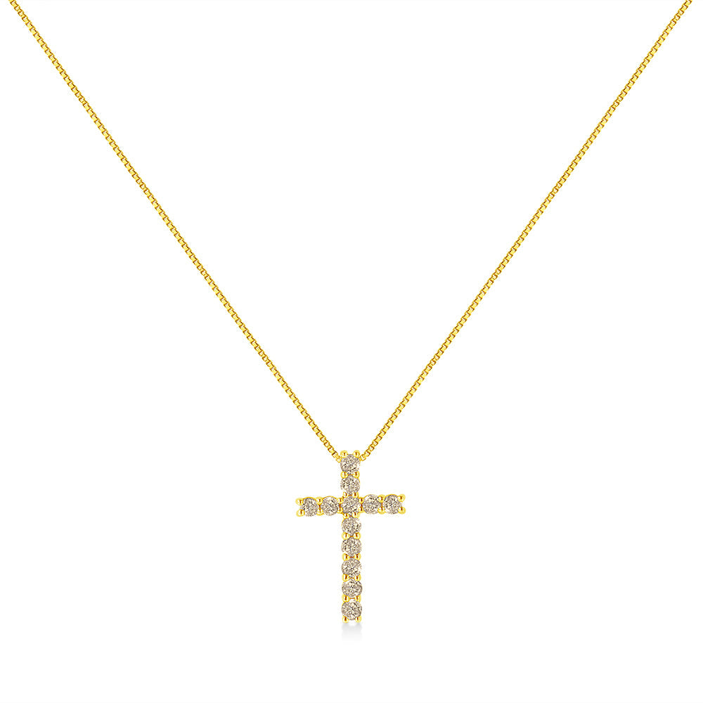 10K Yellow Gold Plated .925 Sterling Silver 1/2 Cttw Fancy Champagne Diamond Cross 18" Pendant Necklace (K-L Color, I1-I2 Clarity)