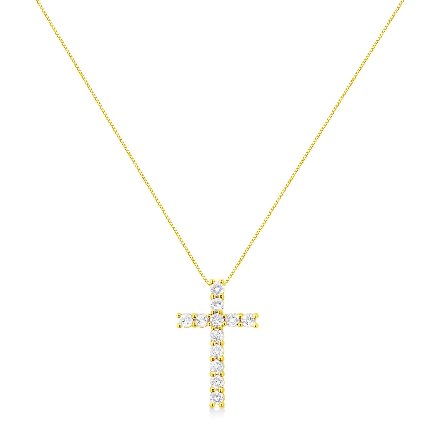 10K Yellow Gold 1.0 Cttw Shared Prong Set Round Brilliant Cut Diamond Cross 18" Pendant Necklace (J-K Color, I2-I3 Clarity)