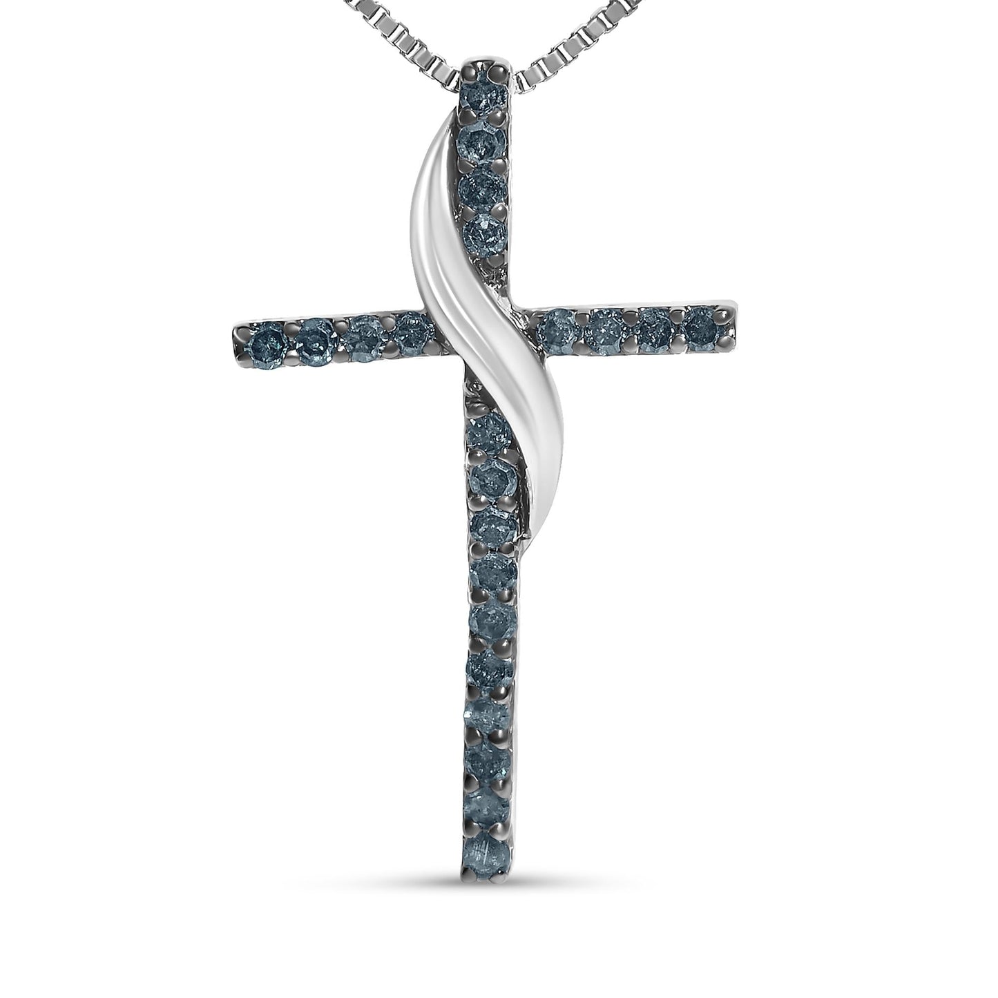 .925 Sterling Silver 1/4 Cttw Blue Diamond Ribbon Swirl over Cross Pendant Necklace (Blue Color, I2-I3 Clarity) - 18" Inches