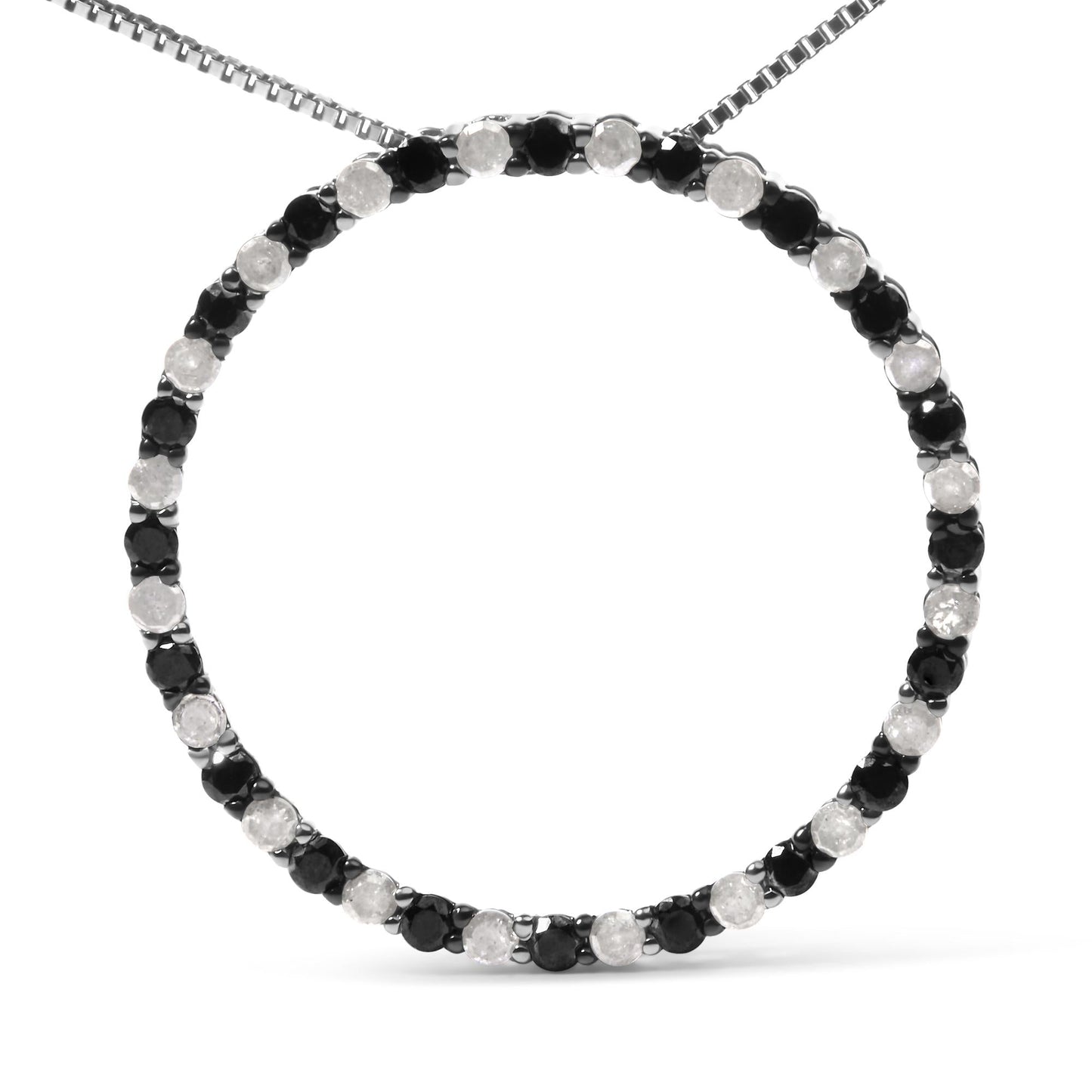 .925 Sterling Silver 1.0 Cttw Alternating Black and White Diamond Open Hoop Circle Pendant Necklace - 18" Inches