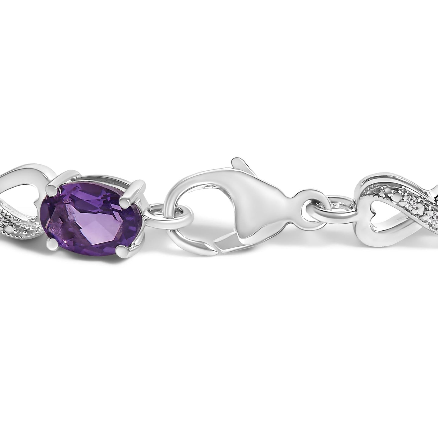 .925 Sterling Silver Oval Purple Amethyst and Diamond Infinity Link Bracelet (I-J Color, I1-I2 Clarity) - 7" Inches
