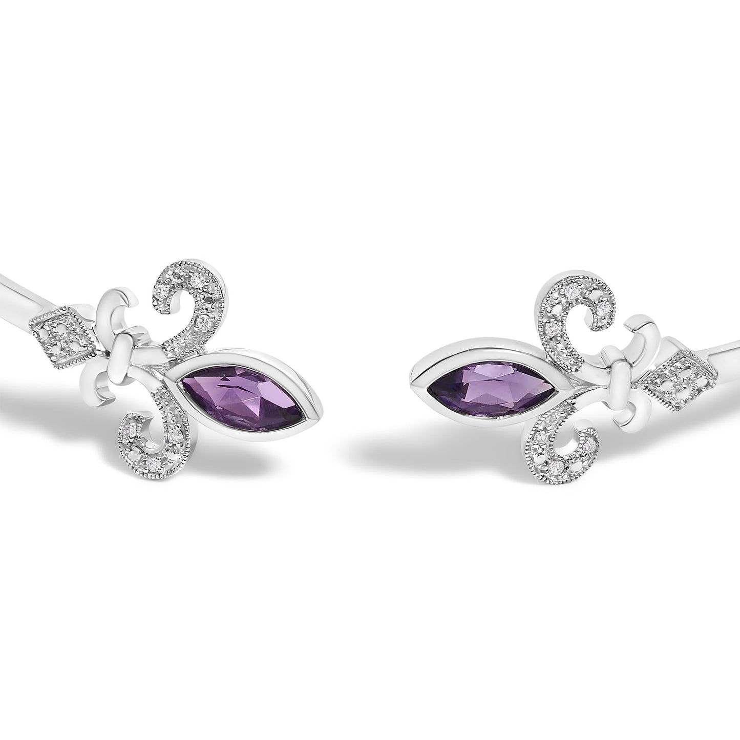 .925 Sterling Silver 8X4MM Marquise Purple Amethyst and Diamond Accent Fleur Di Lis Open Cuff Bangle (I-J Color, I1-I2 Clarity) - 7"
