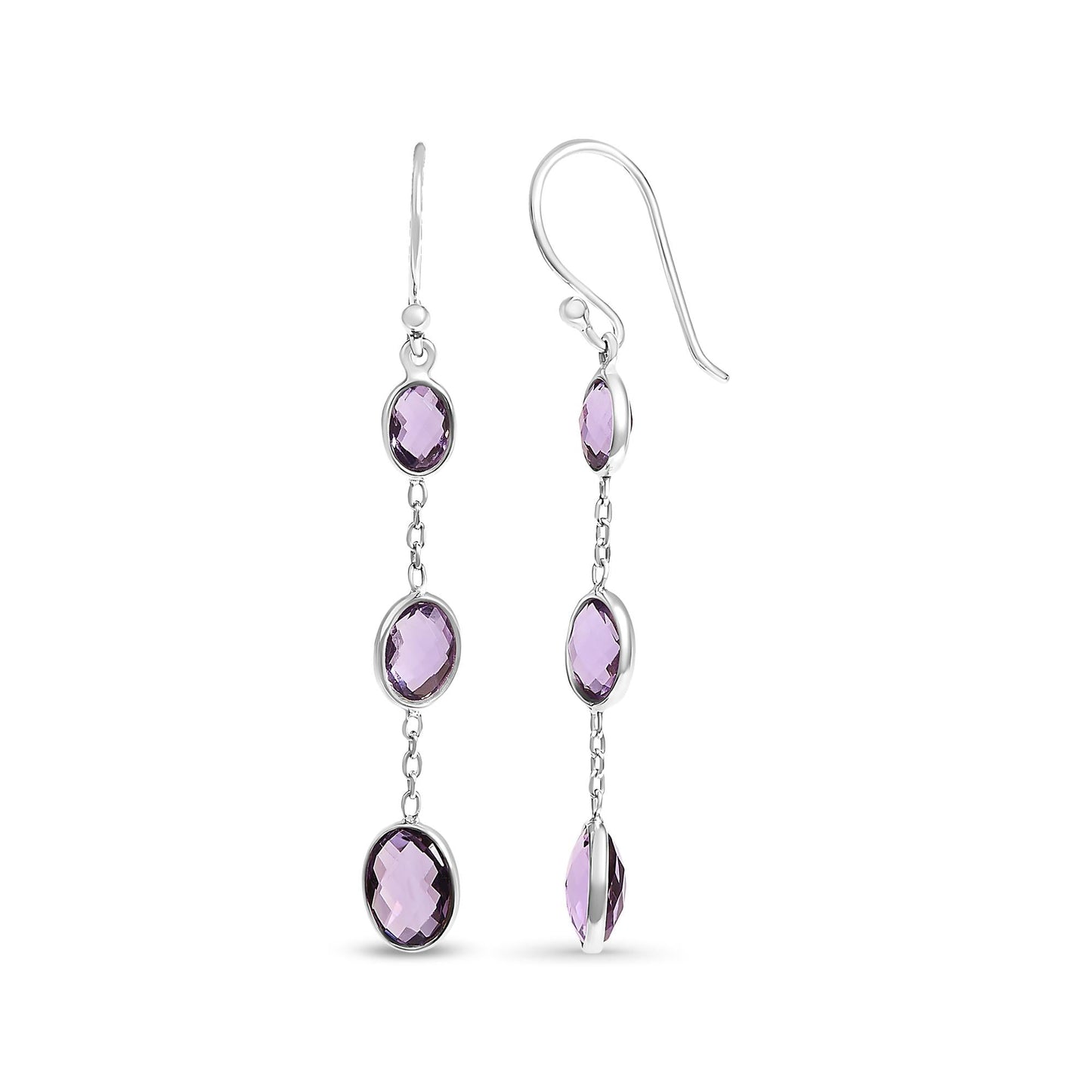 .925 Sterling Silver Checkerboard Cut Oval Purple Amethyst 2" Inch Drop and Dangle Earrings