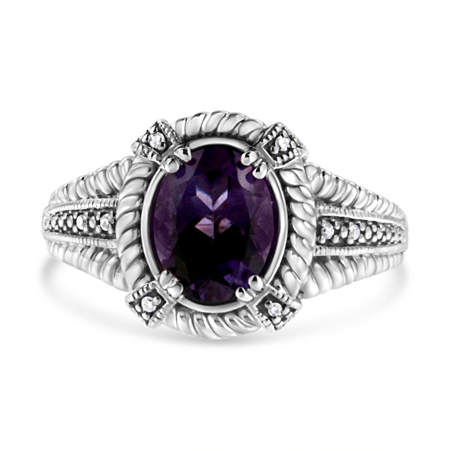 .925 Sterling Silver 9X7 Oval MM Purple Amethyst Solitaire and Diamond Accent Ring