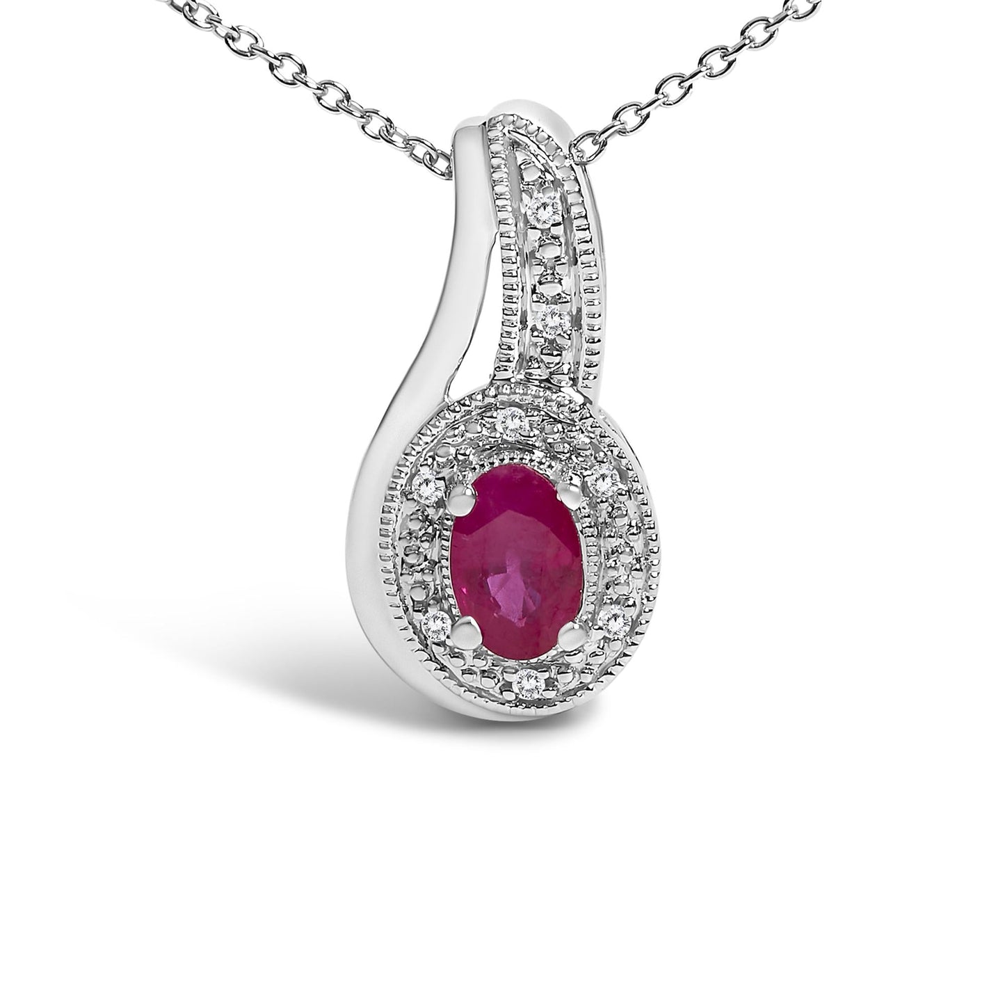.925 Sterling Silver Red Ruby and Diamond Accent Milgrain Swirl Pendant Necklace - 18" Inches