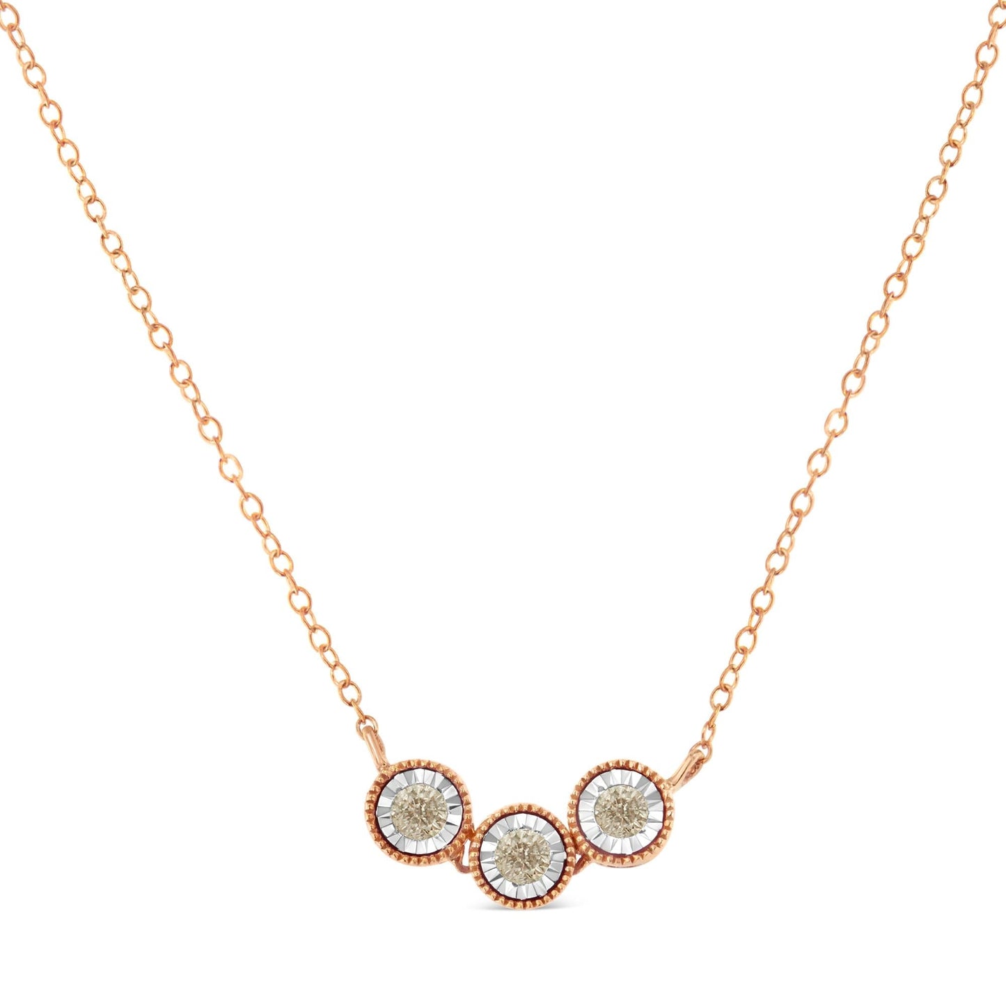 10K Rose and White Gold Plated .925 Sterling Silver 1/4 Cttw Miracle-Set Champagne Diamond Triple Circle 18" Necklace (I2-I3 Clarity)