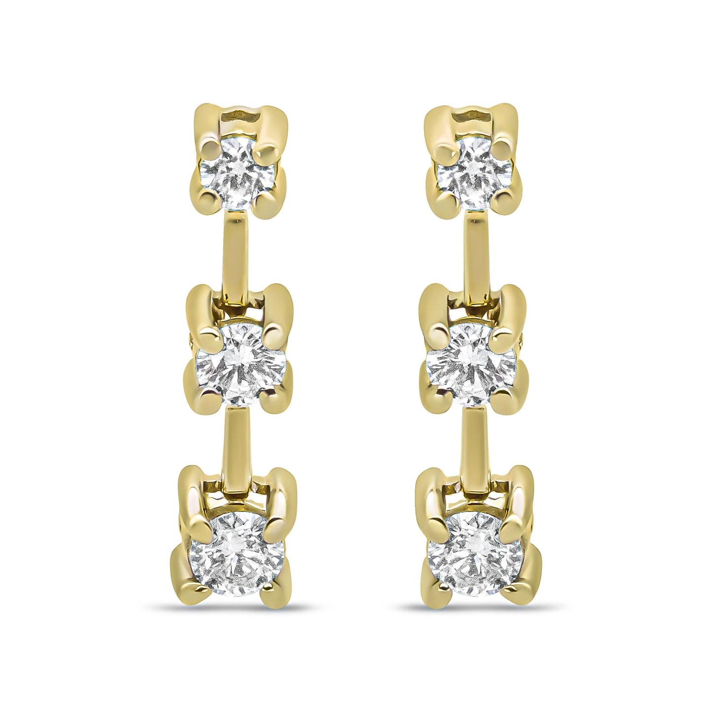 14K Gold Round Diamond 3 Stone Graduated Linear Drop Past, Present and Future Stud Earrings (H-I Color, SI1-SI2 Clarity)