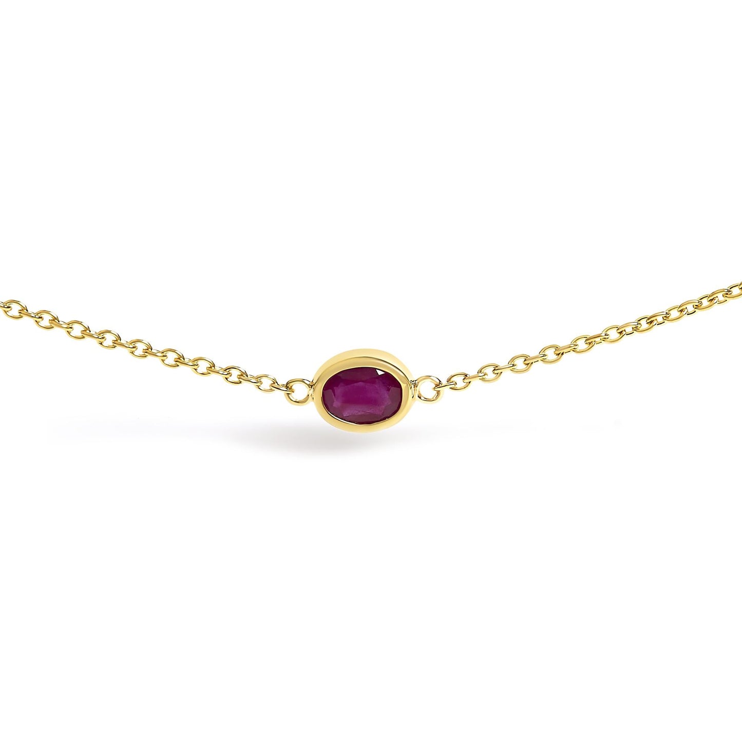 14K Yellow Gold Bezel Set 4x3 mm Oval Red Ruby Station Necklace - 18 Inches