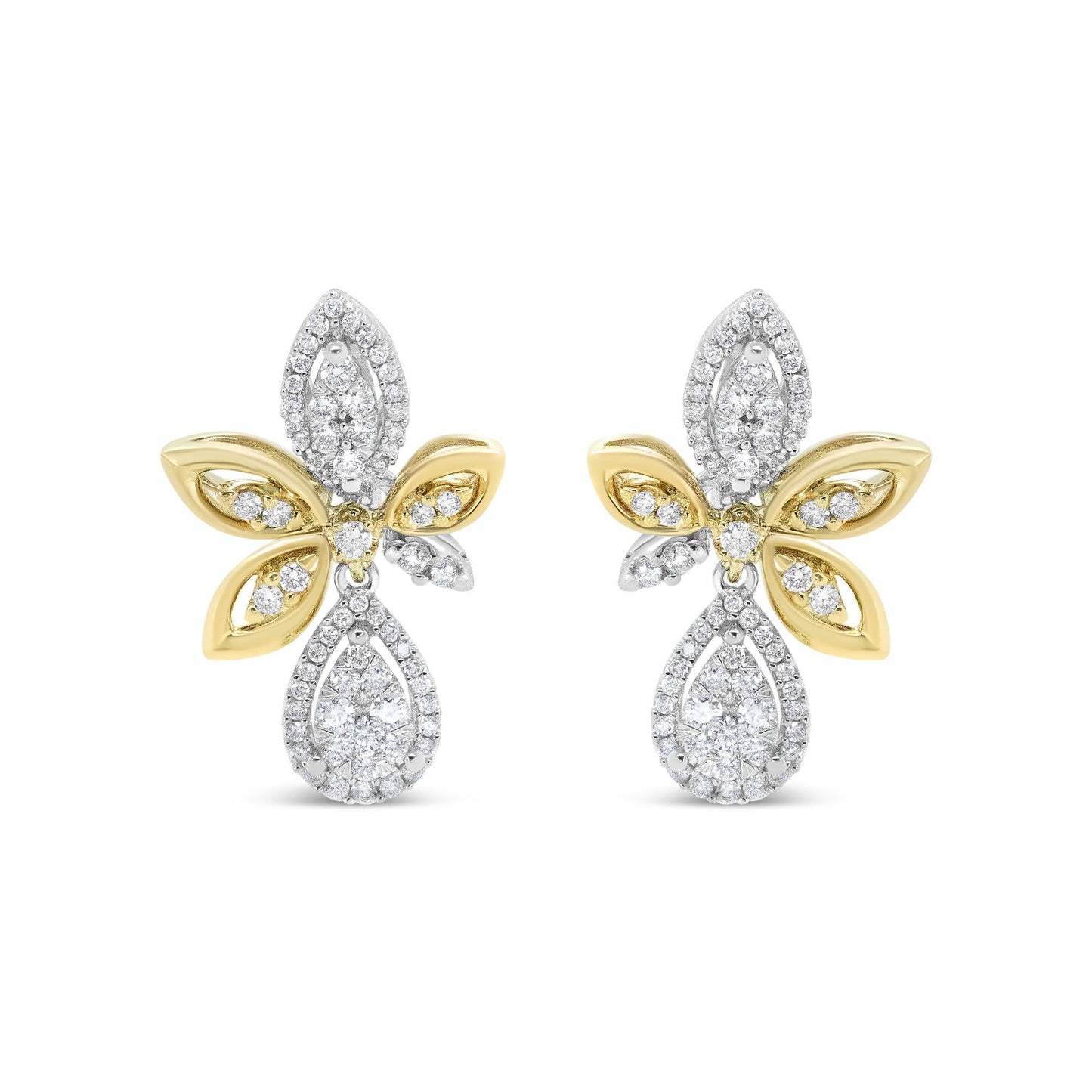 14K White and Yellow Gold 1.00 Cttw Round Pave-Set Diamond Teardrop and Marquise Shape Drop Dangle Earrings (H-I Color, SI1-SI2 Clarity)