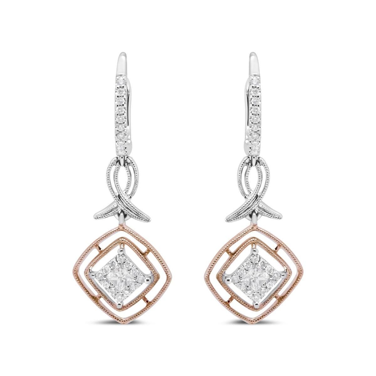 14K White and Rose Gold 1/2 Cttw Round and Princess-Cut Diamond Openwork Marquise Ribbon Dangle Earring (G-H Color, SI2-I1 Clarity)