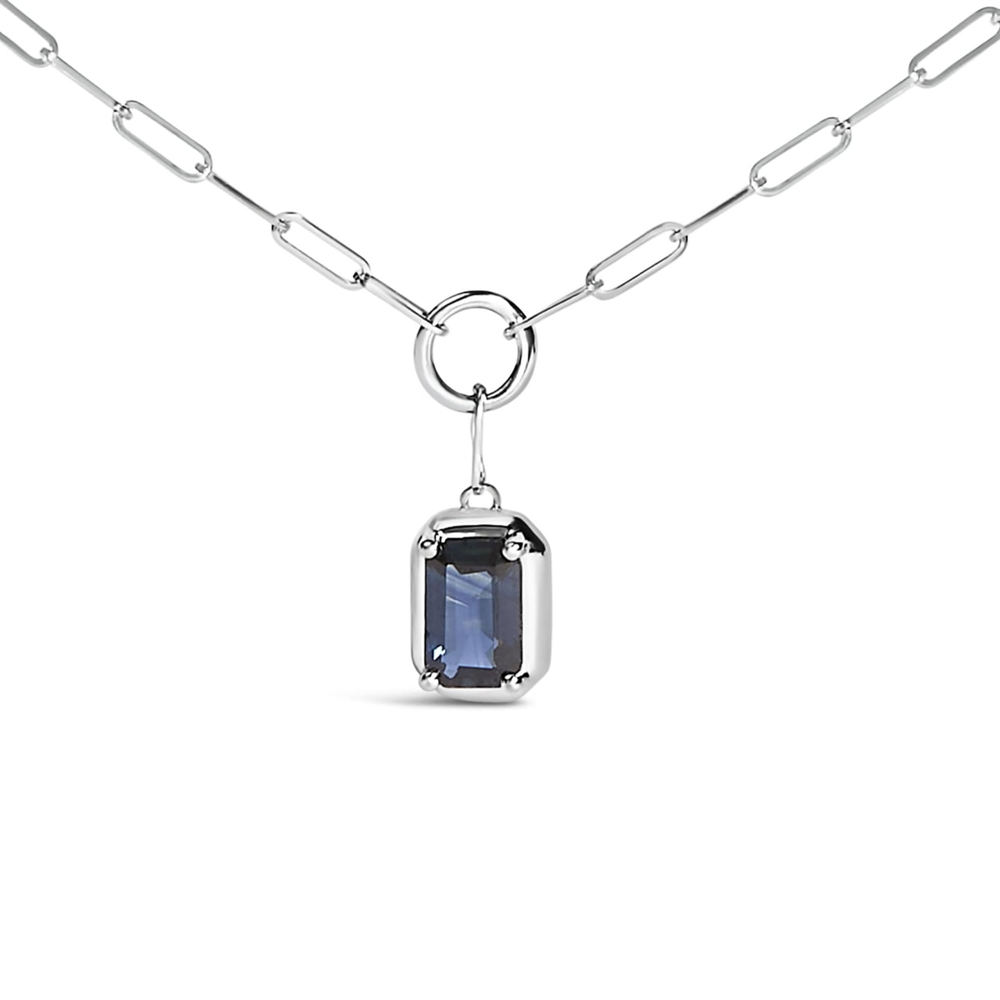 10K White Gold Emerald Cut 6x4 MM Blue Sapphire Solitaire Pendant Necklace - 18 inch