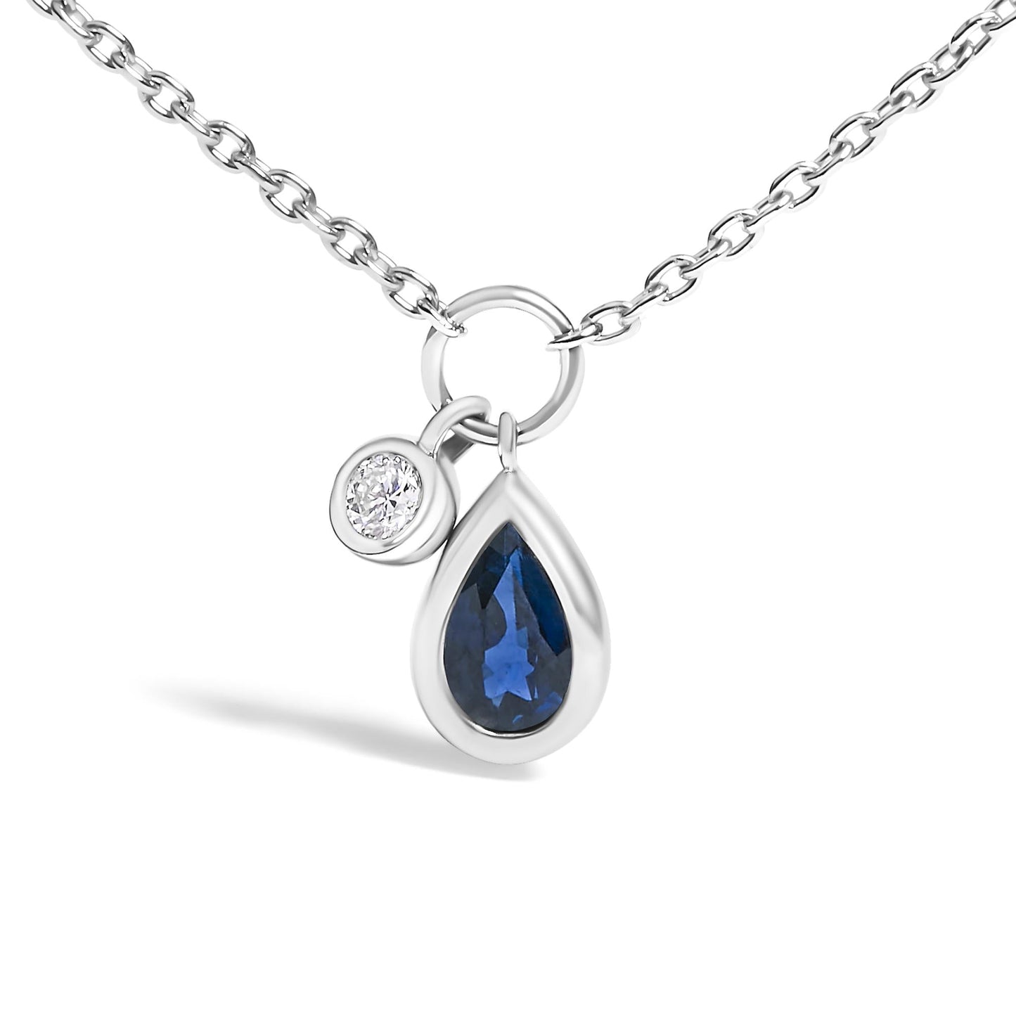 10K White Gold 6x4 mm Pear Blue Sapphire and Diamond  Accent Charm Pendant Necklace - 18" Inches