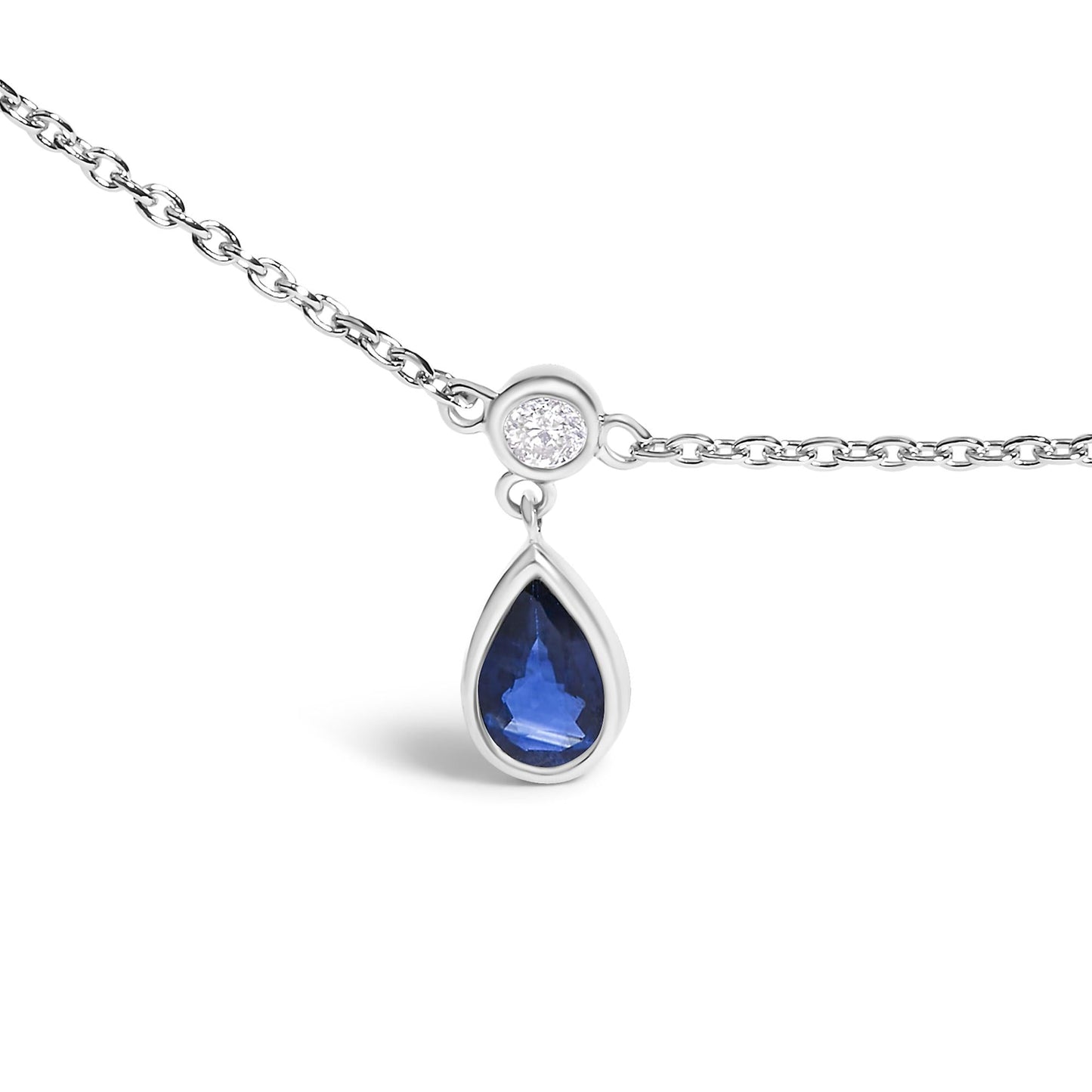 10K White Gold Dangling 5x3 mm Pear Blue Sapphire and Diamond Station Necklace - 18" Inches