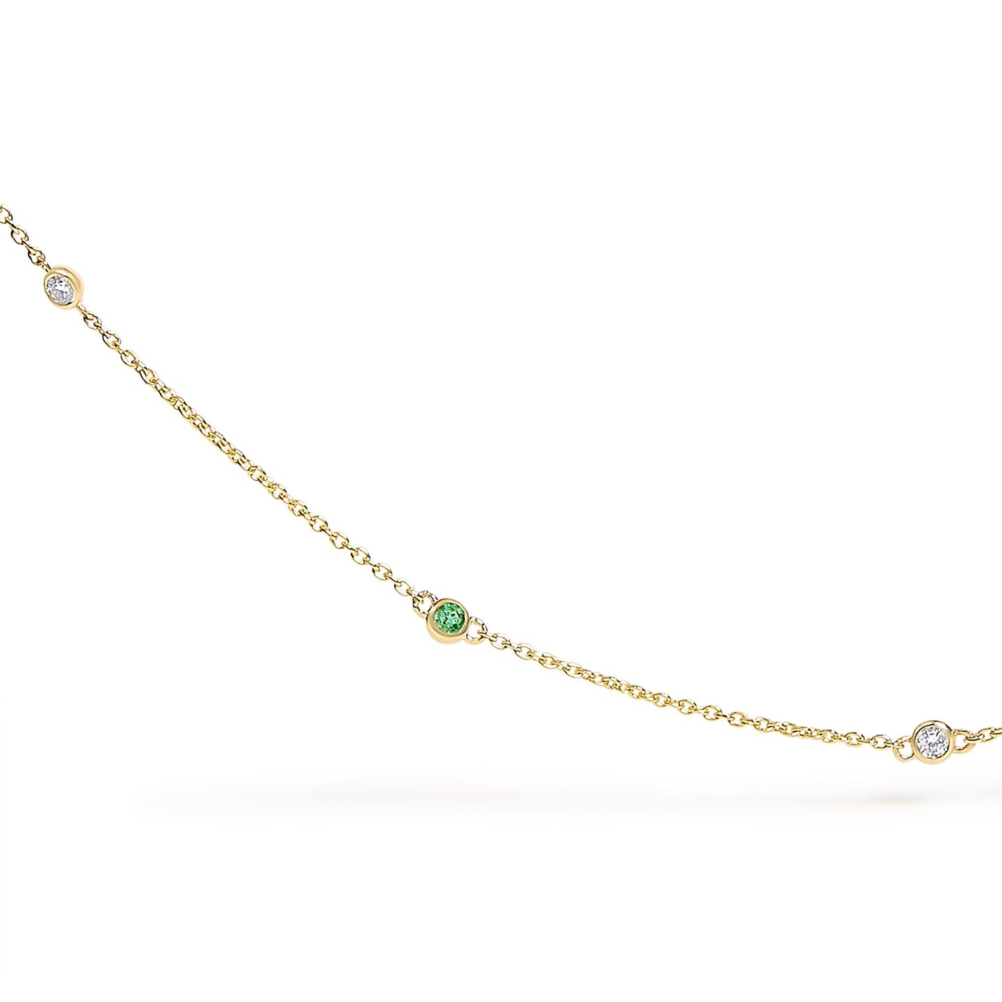 14K Yellow Gold Bezel Set Alternating Green Emerald and Diamond Station Necklace - 18" Inches