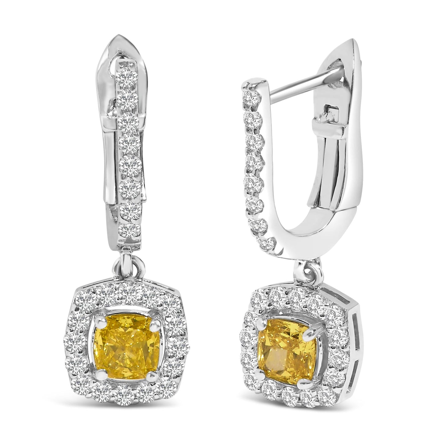14K White Gold 1 1/5 Cttw Yellow Lab Grown Diamond Halo Drop and Dangle Earrings