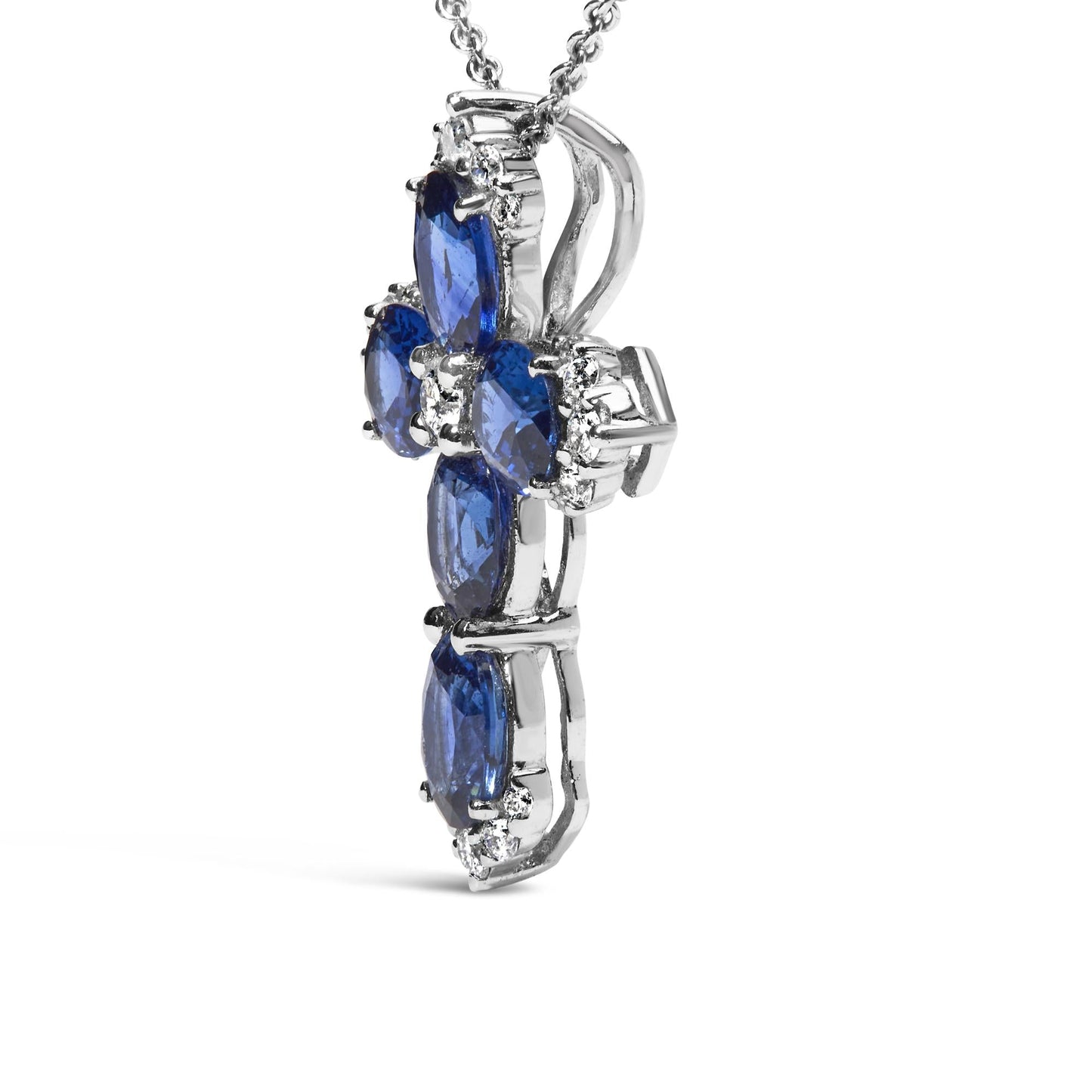 18K White Gold 3x4 MM Oval Blue Sapphire and Diamond Cross Pendant Necklace - 18" Inches
