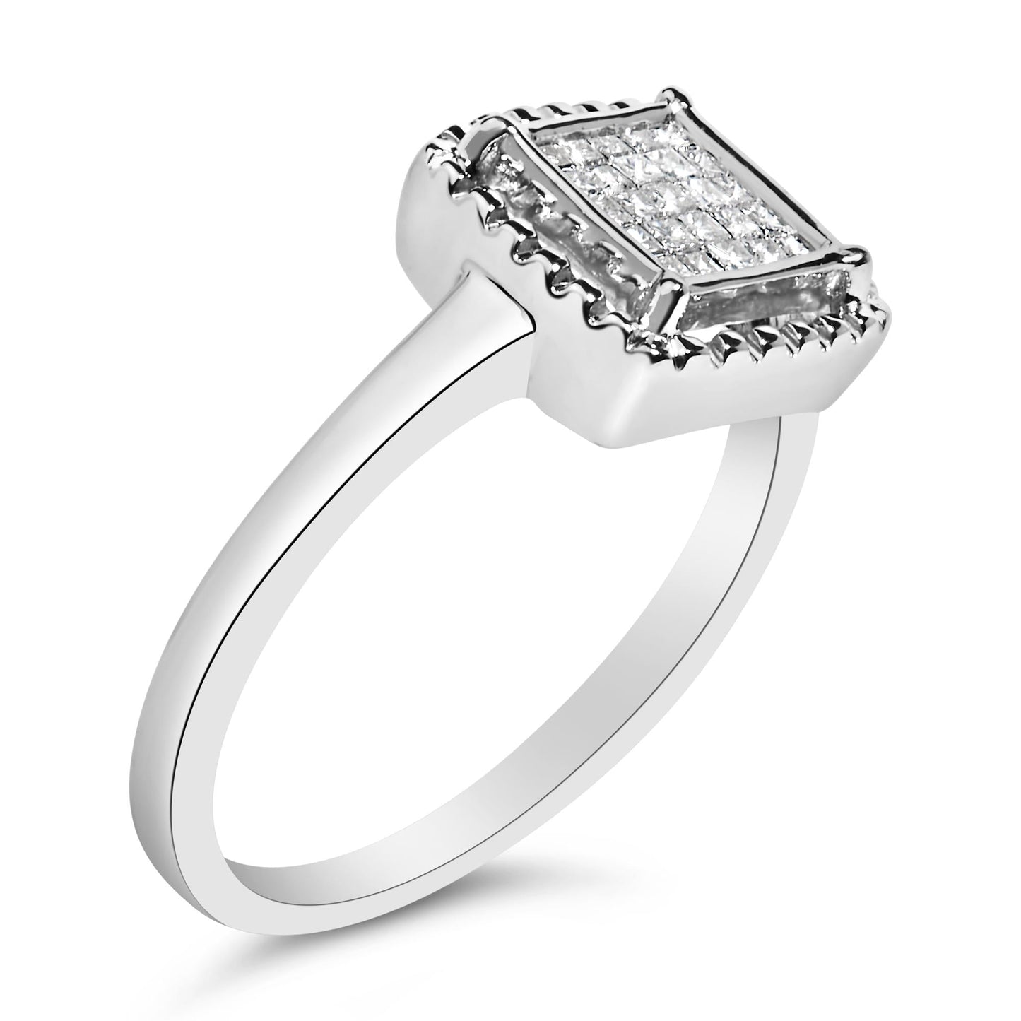 .925 Sterling Silver 1/5 Cttw Invisible Set Princess Cut Diamond Promise Ring with Beaded Halo (H-I Color, I1-I2 Clarity)