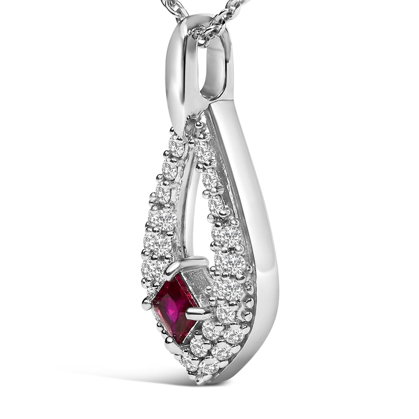 .925 Sterling Silver Created Red Ruby and White Sapphire Pear Shaped Pendant Necklace - 18" Inches