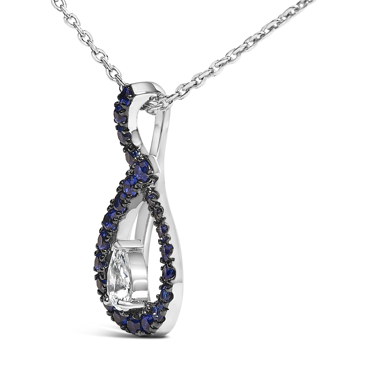 .925 Sterling Silver Created Blue and White Sapphire Teardrop Shaped Pendant Necklace - 18" Inches