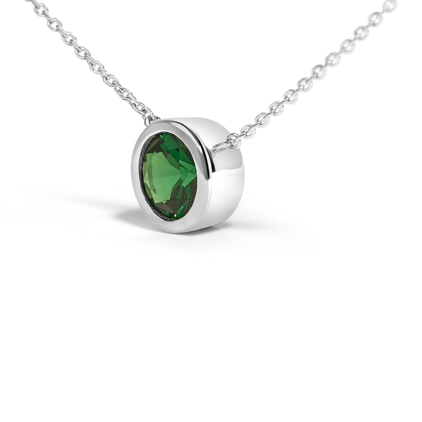 .925 Sterling Silver 7MM Bezel Set Created Gemstone Pendant Necklace - 18" Inches