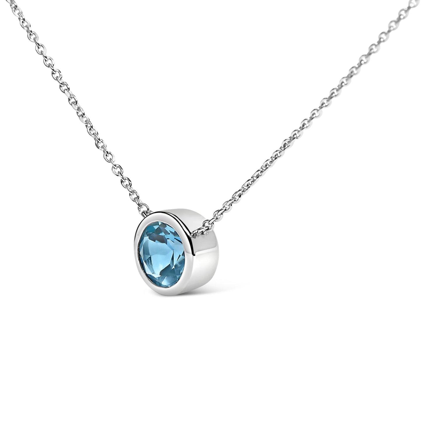 .925 Sterling Silver 7MM Bezel Set Created Gemstone Pendant Necklace - 18" Inches