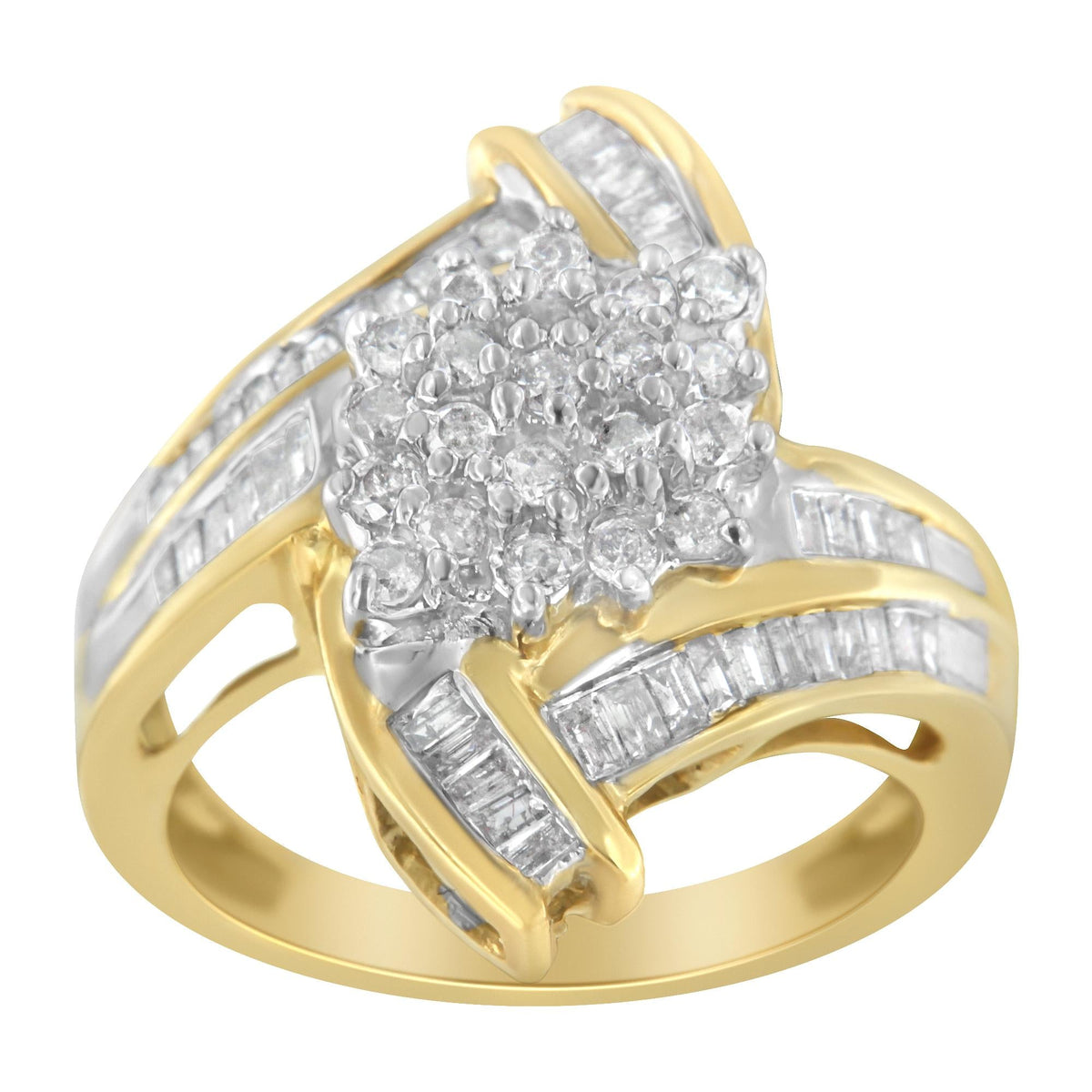 10K Yellow Gold Round and Baguette-Cut Diamond Bypass Cluster Ring (1.0 Cttw, I-J Color, I1-I2 Clarity) - JackiEaslick
