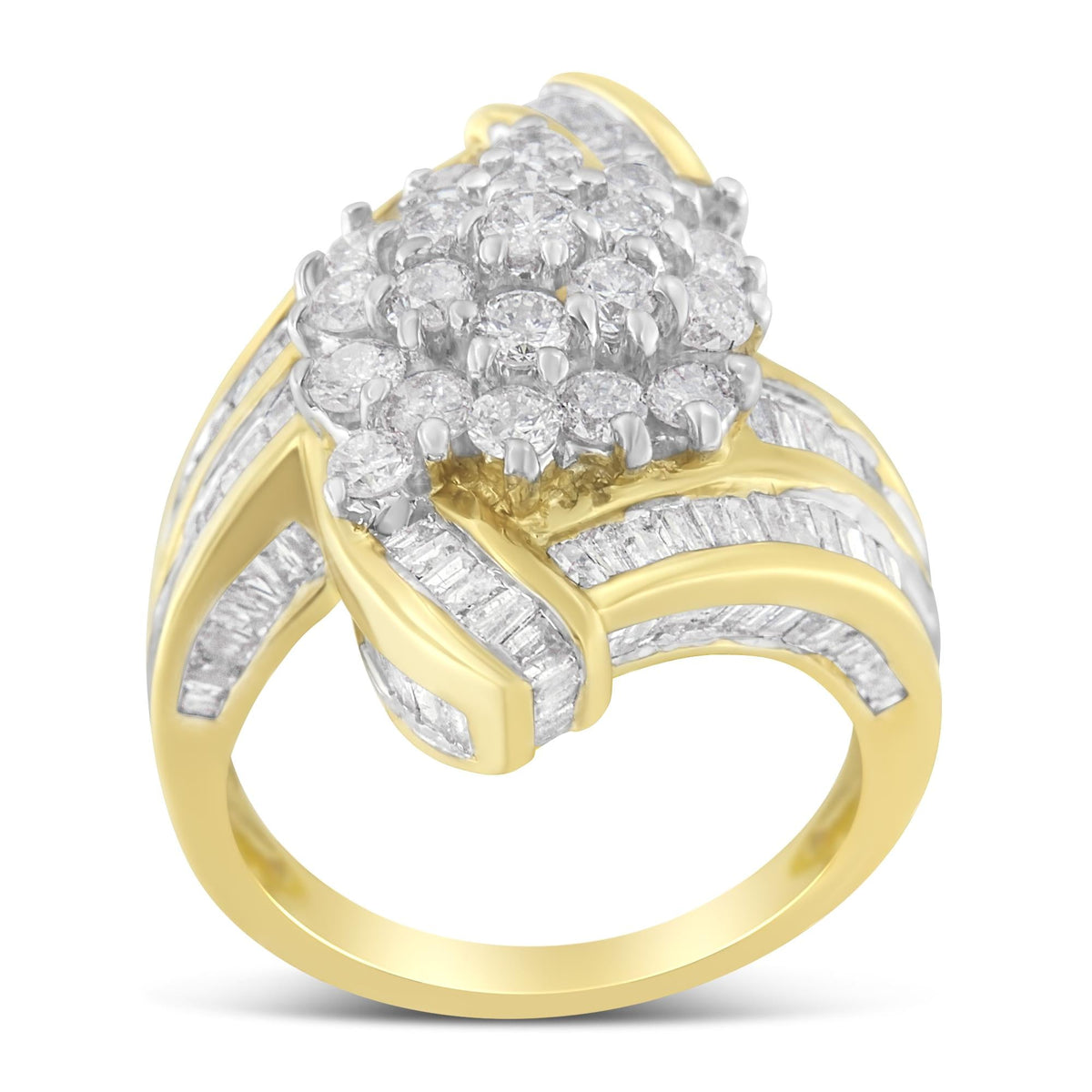 10K Yellow Gold Round and Baguette Diamond Crossover Cluster Ring (3 Cttw, I-J Color, I1-I2 Clarity) - JackiEaslick