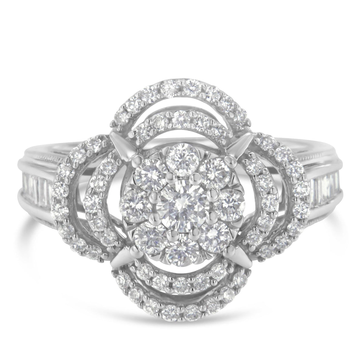 14K White Gold 1.0 Cttw Round & Baguette Cut Diamond Floral Cluster Quatrefoil Channel Set Band Cocktail Statement Ring (H-I Color, SI2-I1 Clarity) - JackiEaslick
