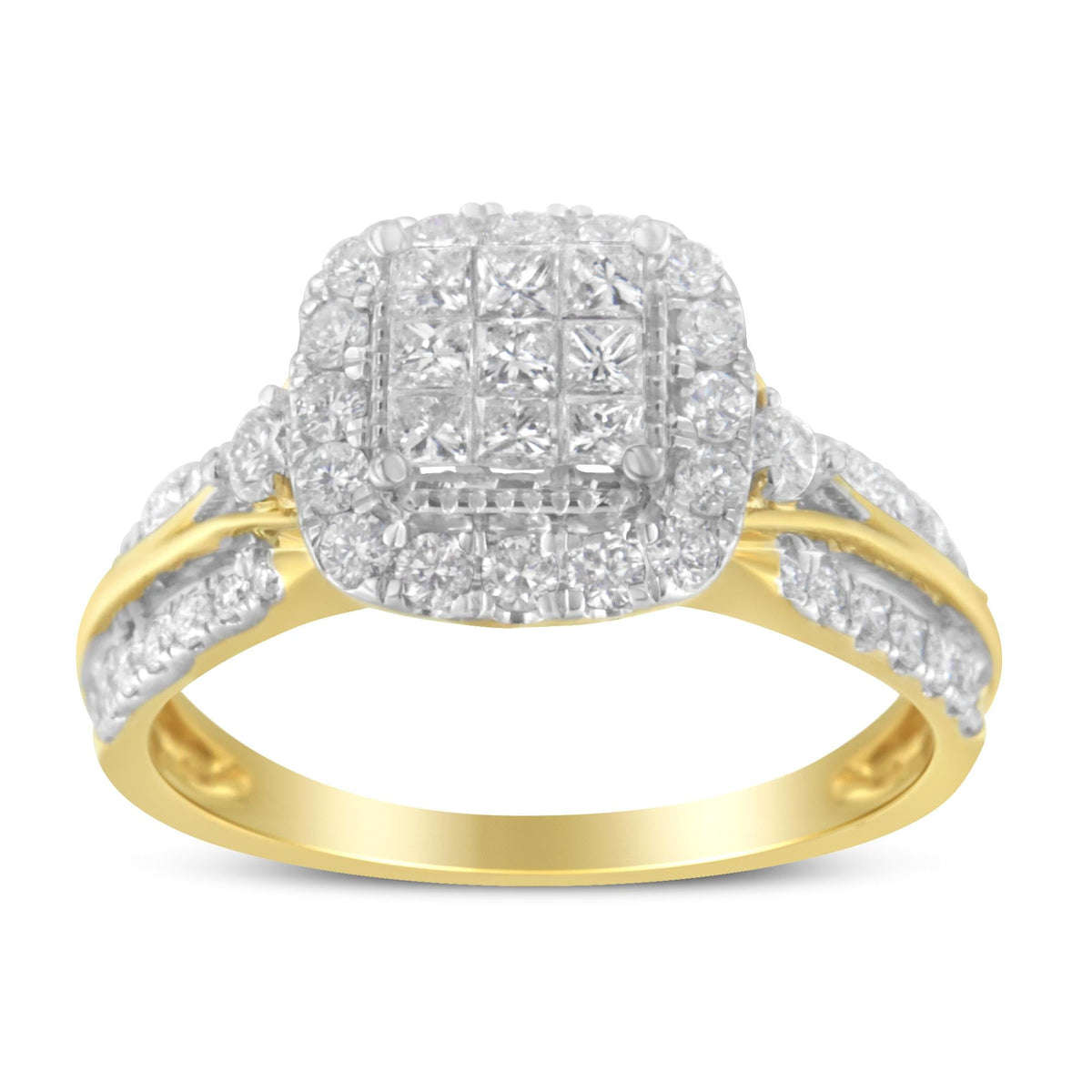 10K Yellow Gold 1.0 Cttw Diamond Composite Cushion-Shape Halo 3-Band-Look Engagement Ring (H-I Color, SI1-SI2 Clarity) - JackiEaslick