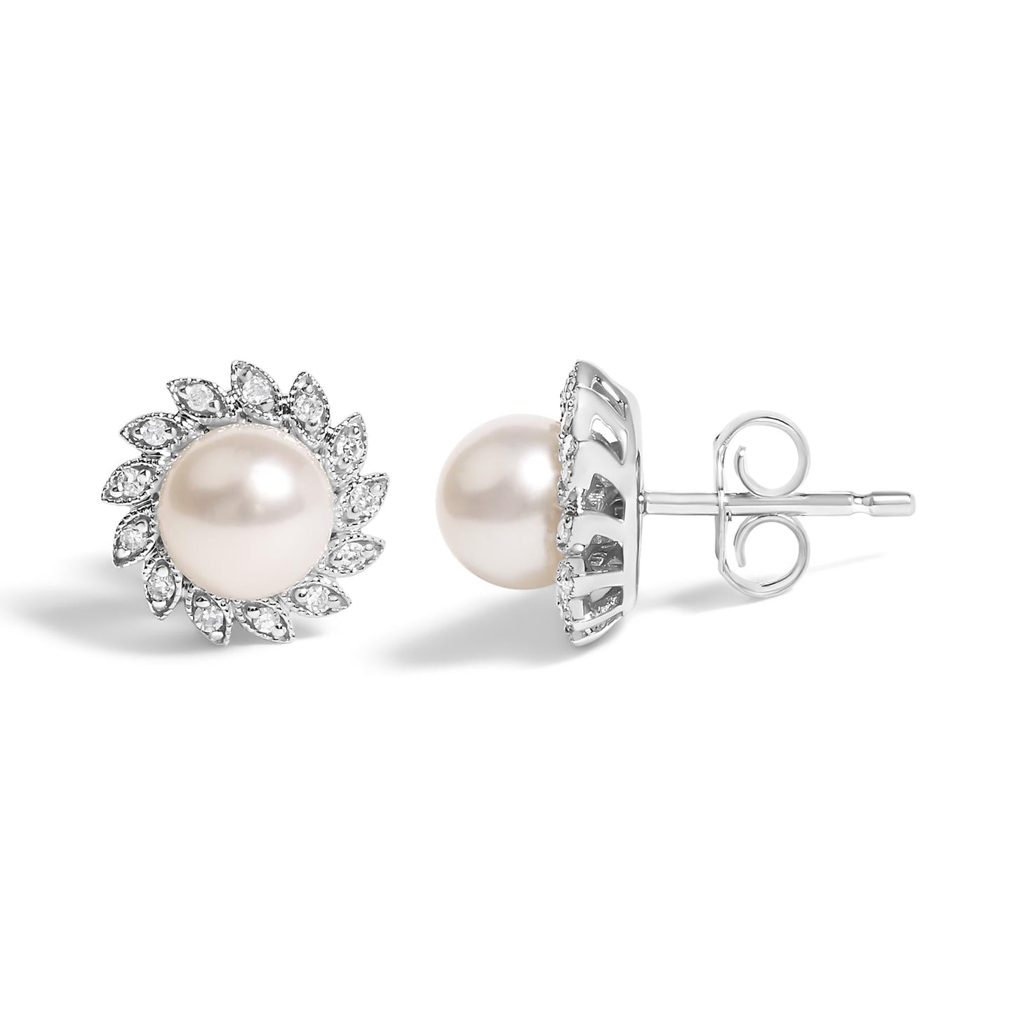 10K White Gold Heirloom-Style Pearl and Diamond Accent Halo Stud Earrings (I-J color, I1-I2 Clarity)