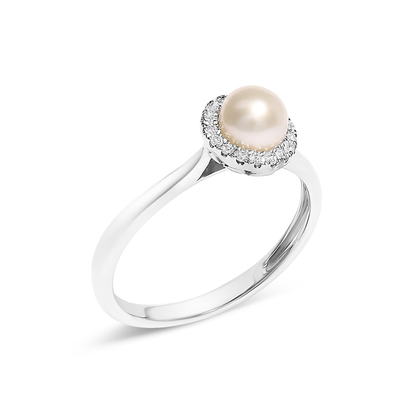 10K White Gold 5MM Cultured Freshwater Pearl  and Diamond Halo Ring (I-J Color, I1-I2 Clarity)