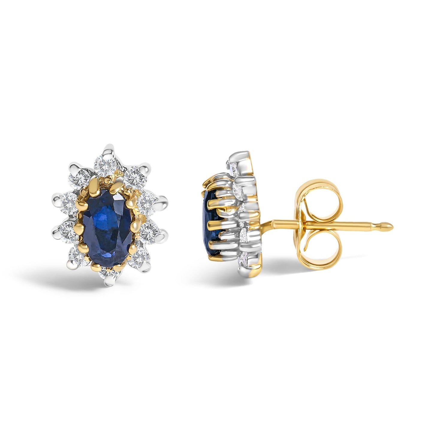 14K Yellow Gold 1/4 Cttw Diamond and Blue Sapphire Sunburst Halo Stud Earrings (K-L Color, I1-I2 Clarity)