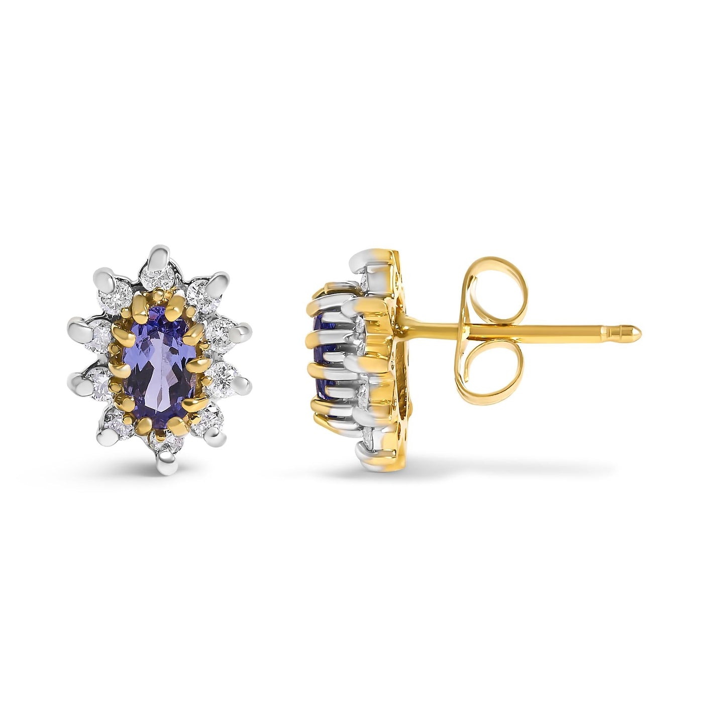 14K Yellow Gold 1/4 Cttw Diamond and Blue Purple Tanzanite Sunburst Halo Stud Earrings (K-L Color, I1-I2 Clarity)