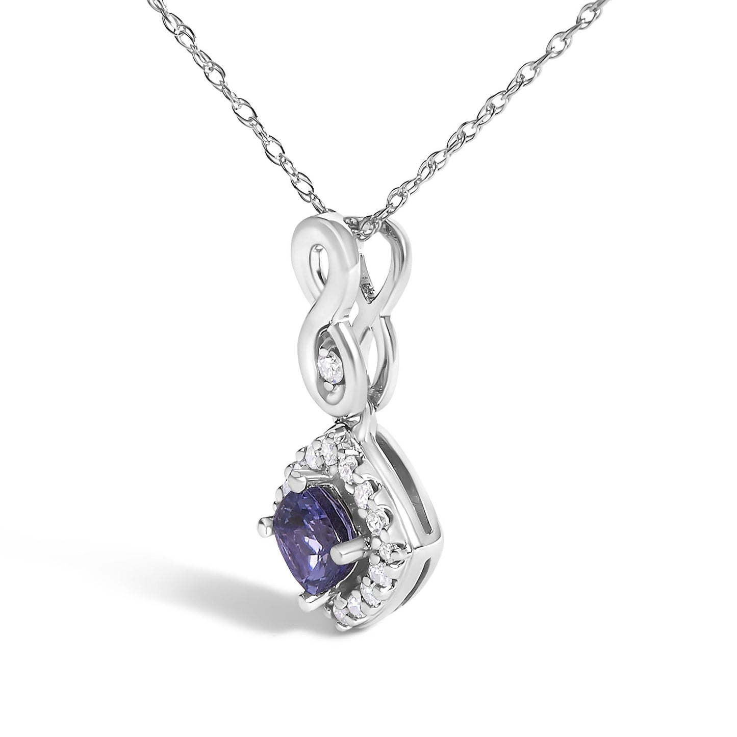 10K White Gold Blue Purple Tanzanite and Diamond Accent Cushion Drop Pendant Necklace - 18" Inches