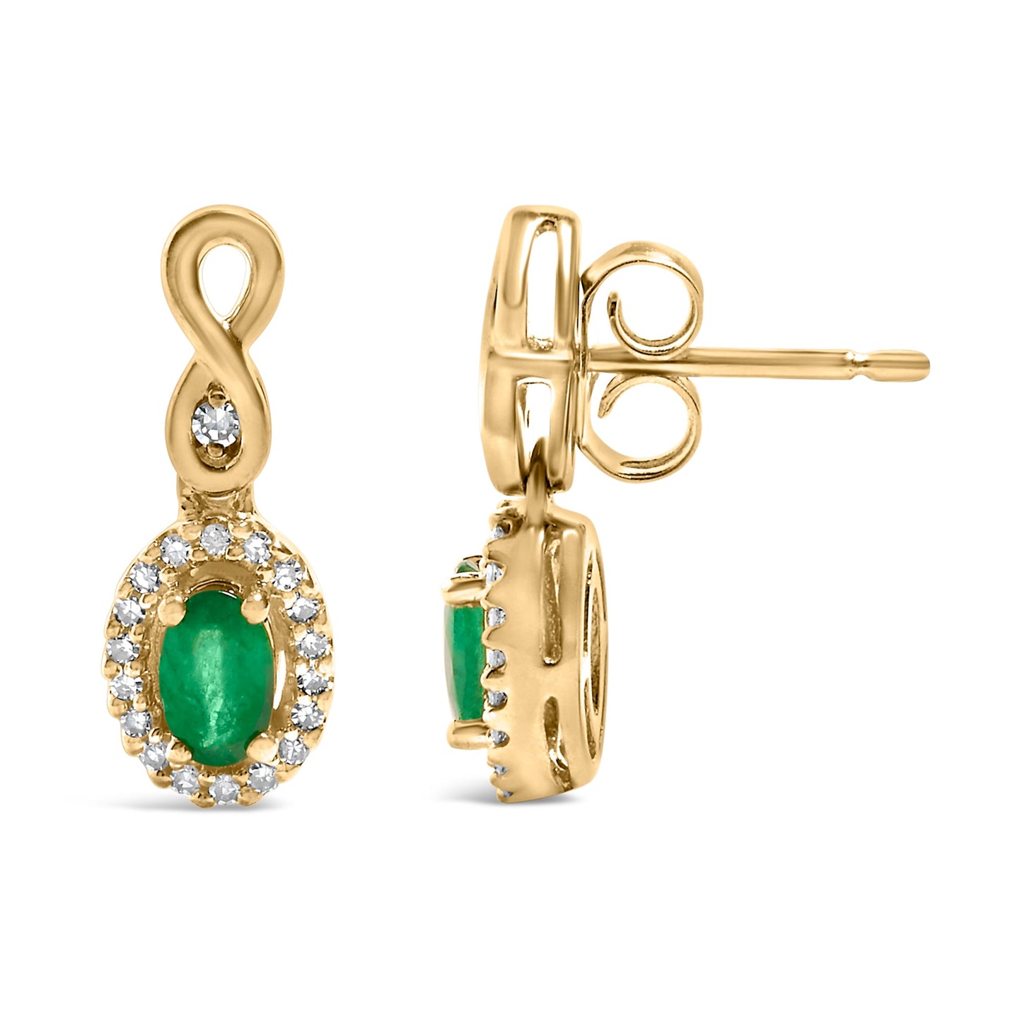 10K Yellow Gold Oval Cut Green Emerald 5x3 mm and 1/7 Cttw Round Diamond Dangle Earrings