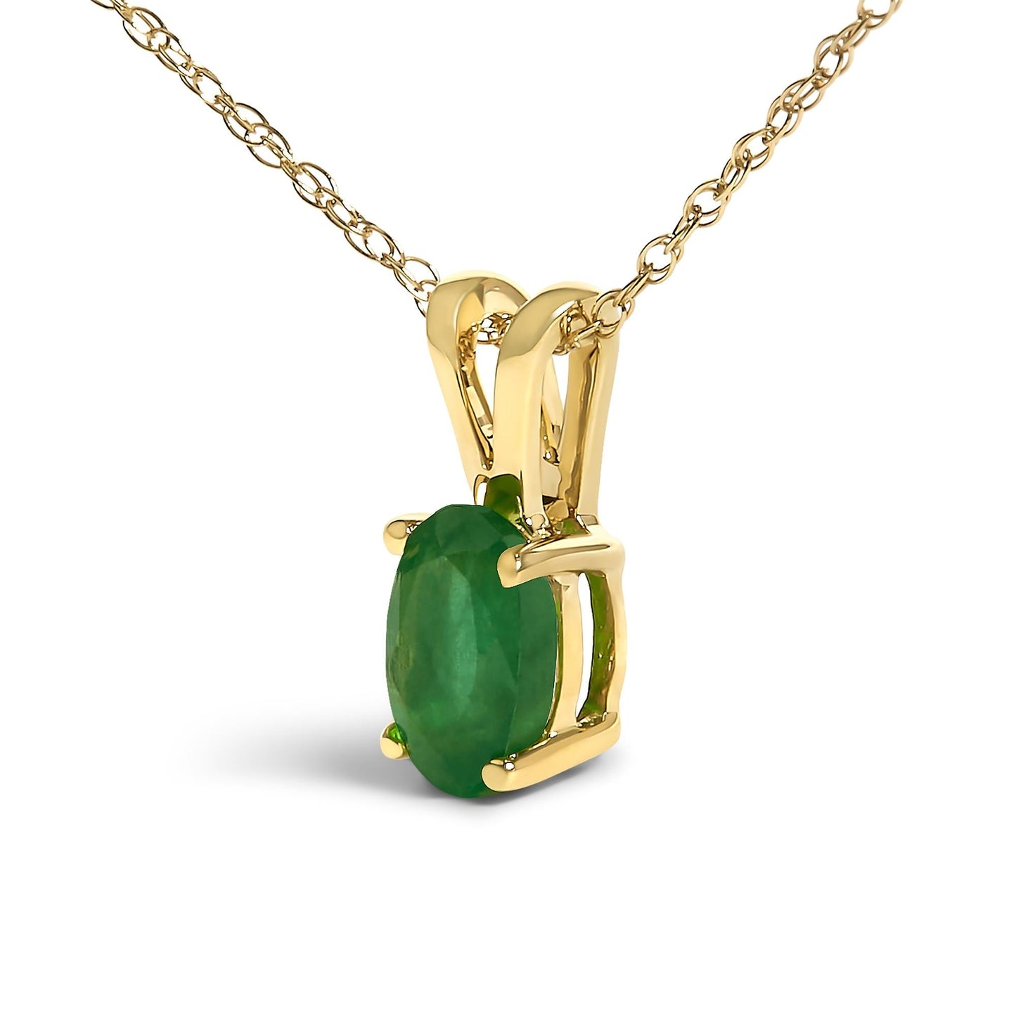 14K Yellow Gold Oval Green Emerald Solitaire Pendant Necklace - 18" Inches