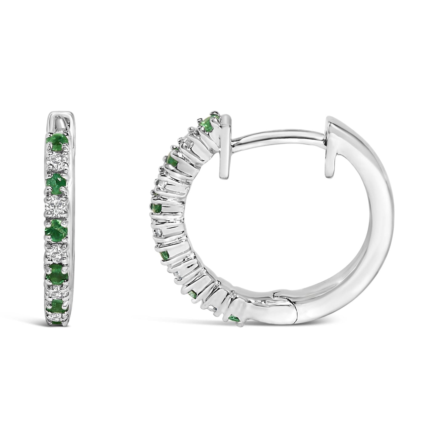 10K White Gold Alternating Emerald 1/10 Cttw Diamond Huggy Hoop Earrings (I-J Color, I1-I2 Clarity)