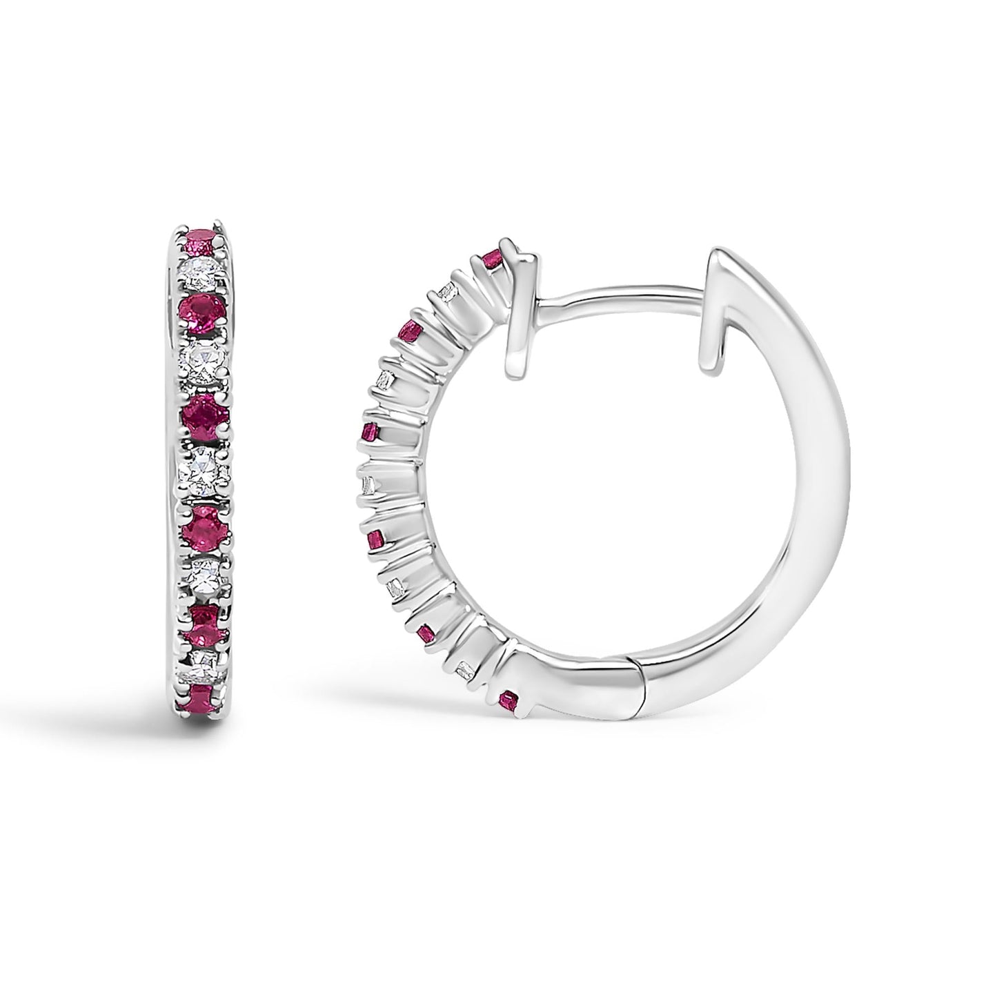 10K Gold Alternating Diamond and Red Ruby Huggy Hoop Earrings