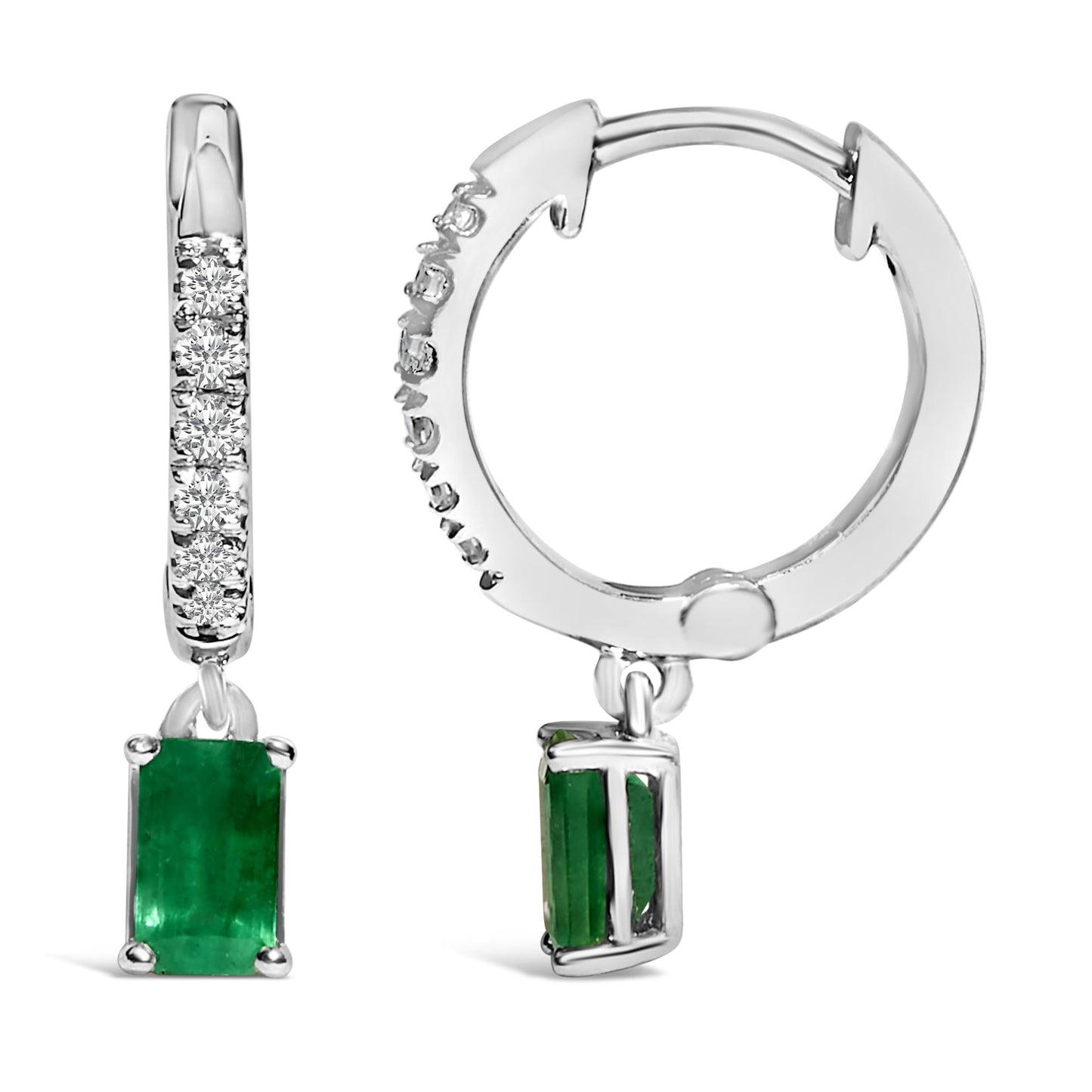 10K White Gold Oval Green Emerald and 1/8 Cttw Diamond Drop Earrings  (I-J Color, I1-I2 Clarity)