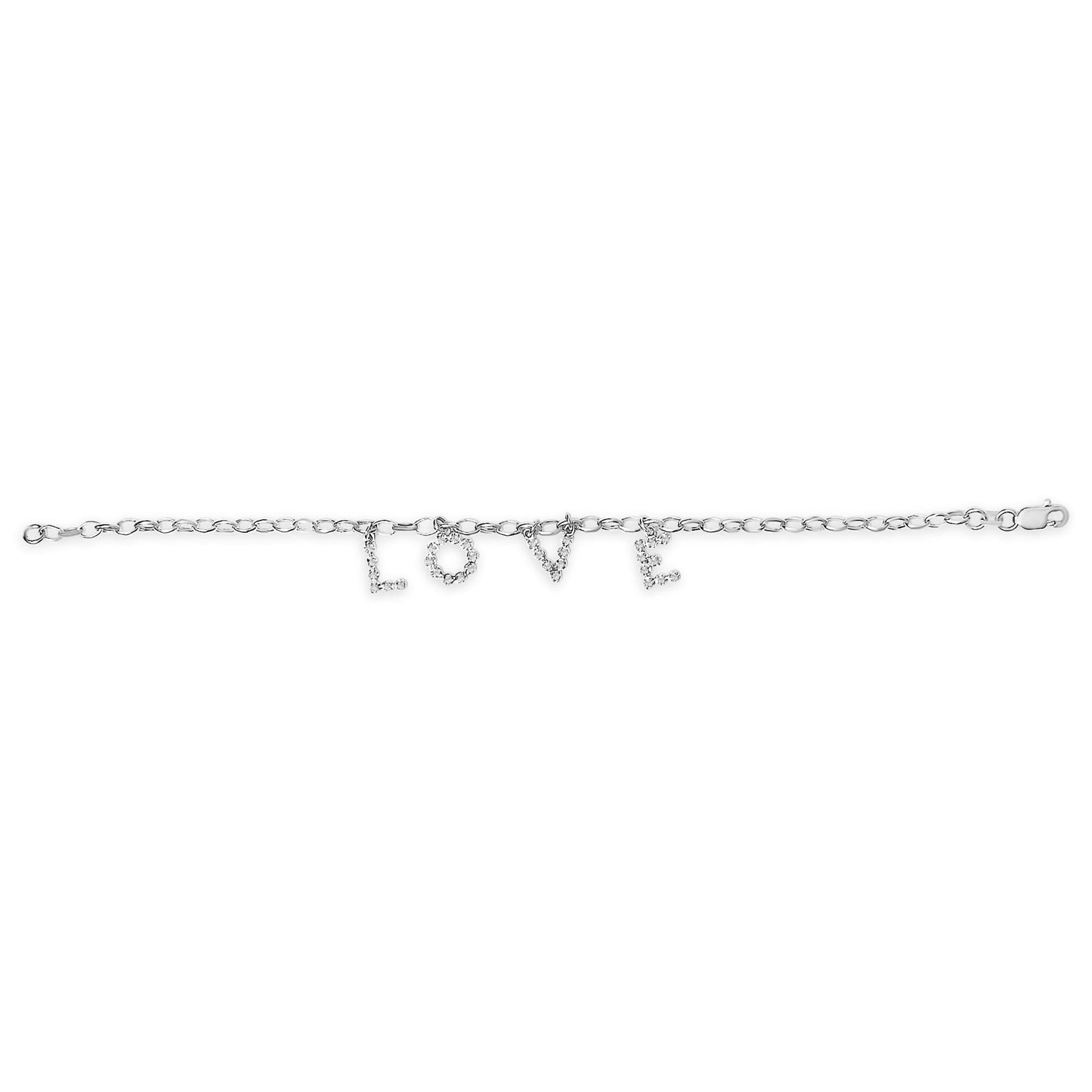 10k White Gold 1/6 Cttw Diamond "Love" Charm Cable Chain Bracelet (H-I Color, I1-I2 Clarity) - 7"