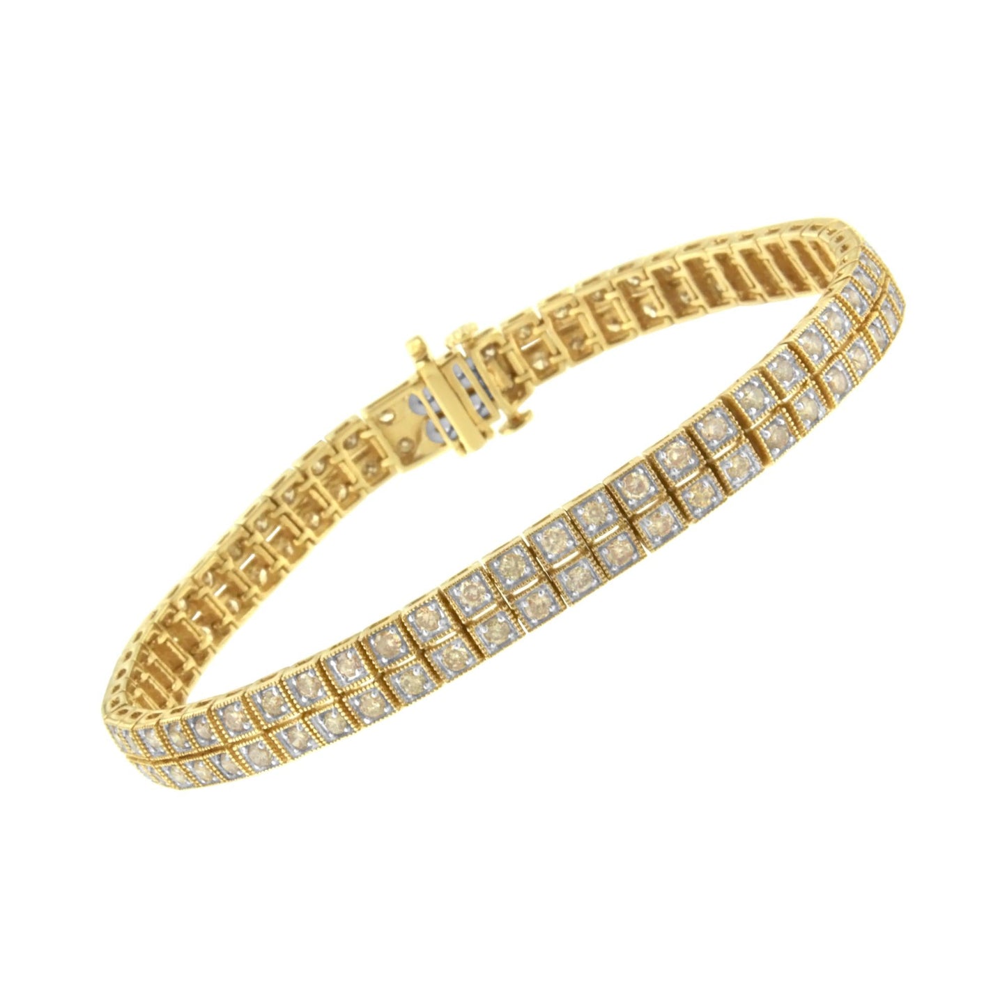 14K Yellow Gold over .925 Sterling Silver 3.0 Cttw Diamond Double Row Square Milgrain Link 7” Tennis Bracelet (K-L Color, I1-I2 Clarity)